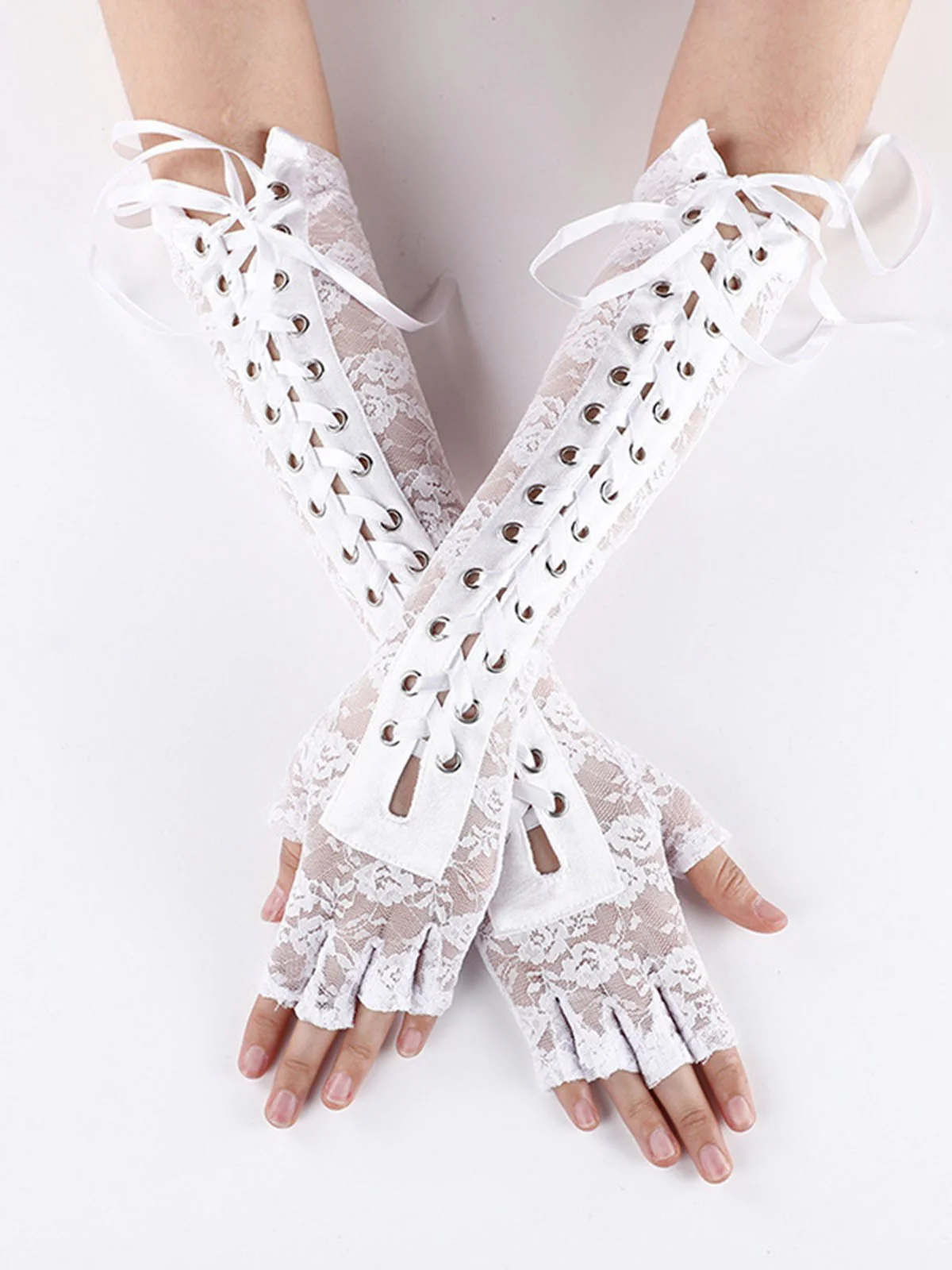 Halloween Punk Party Lace-Up Half Finger Gloves - Image 15