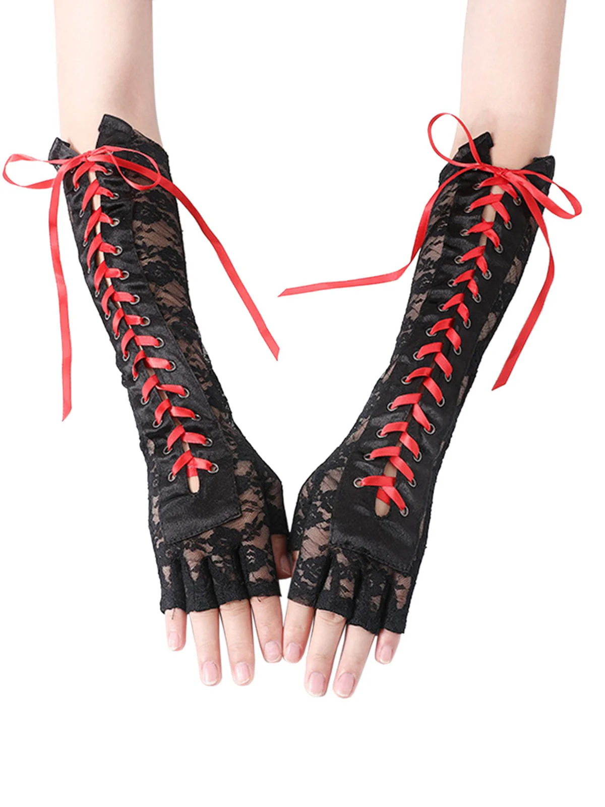 Halloween Punk Party Lace-Up Half Finger Gloves - Image 2
