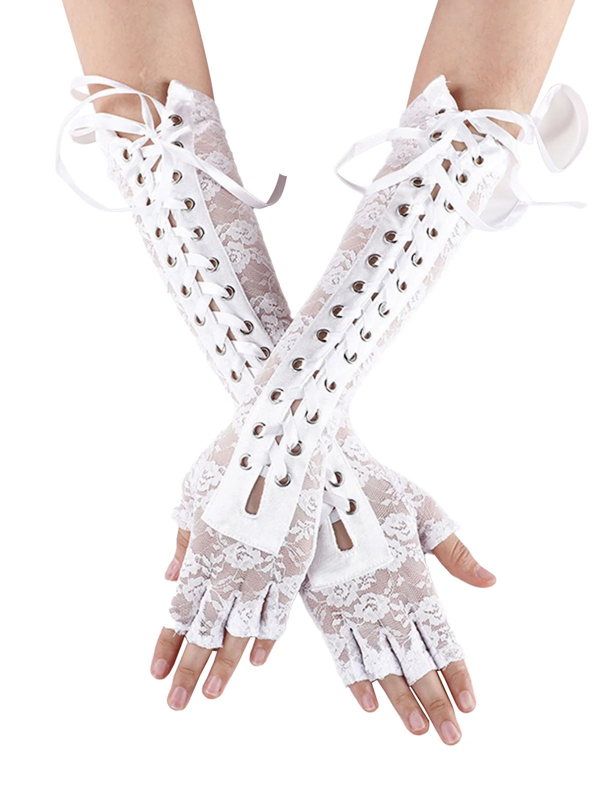 Halloween Punk Party Lace-Up Half Finger Gloves - Image 3