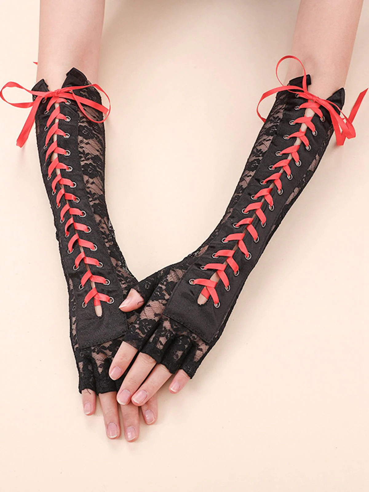 Halloween Punk Party Lace-Up Half Finger Gloves - Image 9