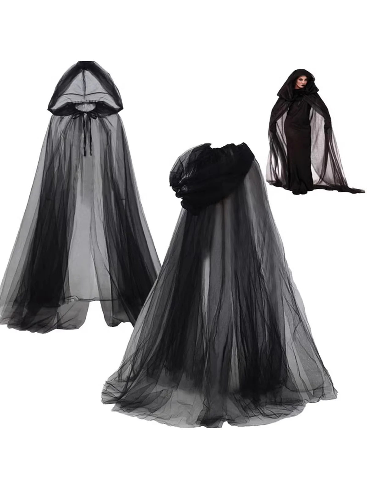 Halloween Retro Gothic Tulle Hooded Cape Cloak - Image 4