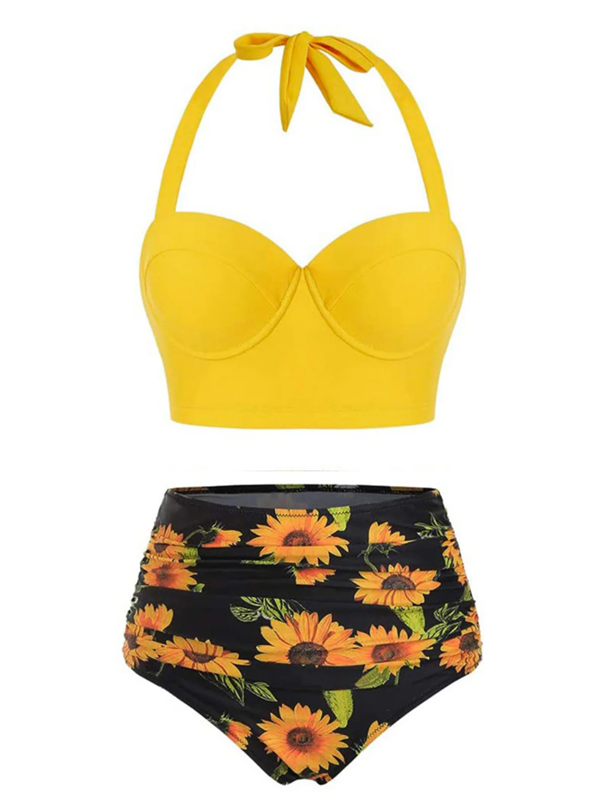 1950s Halter Sunflower Pleated Bikini Set - Image 3