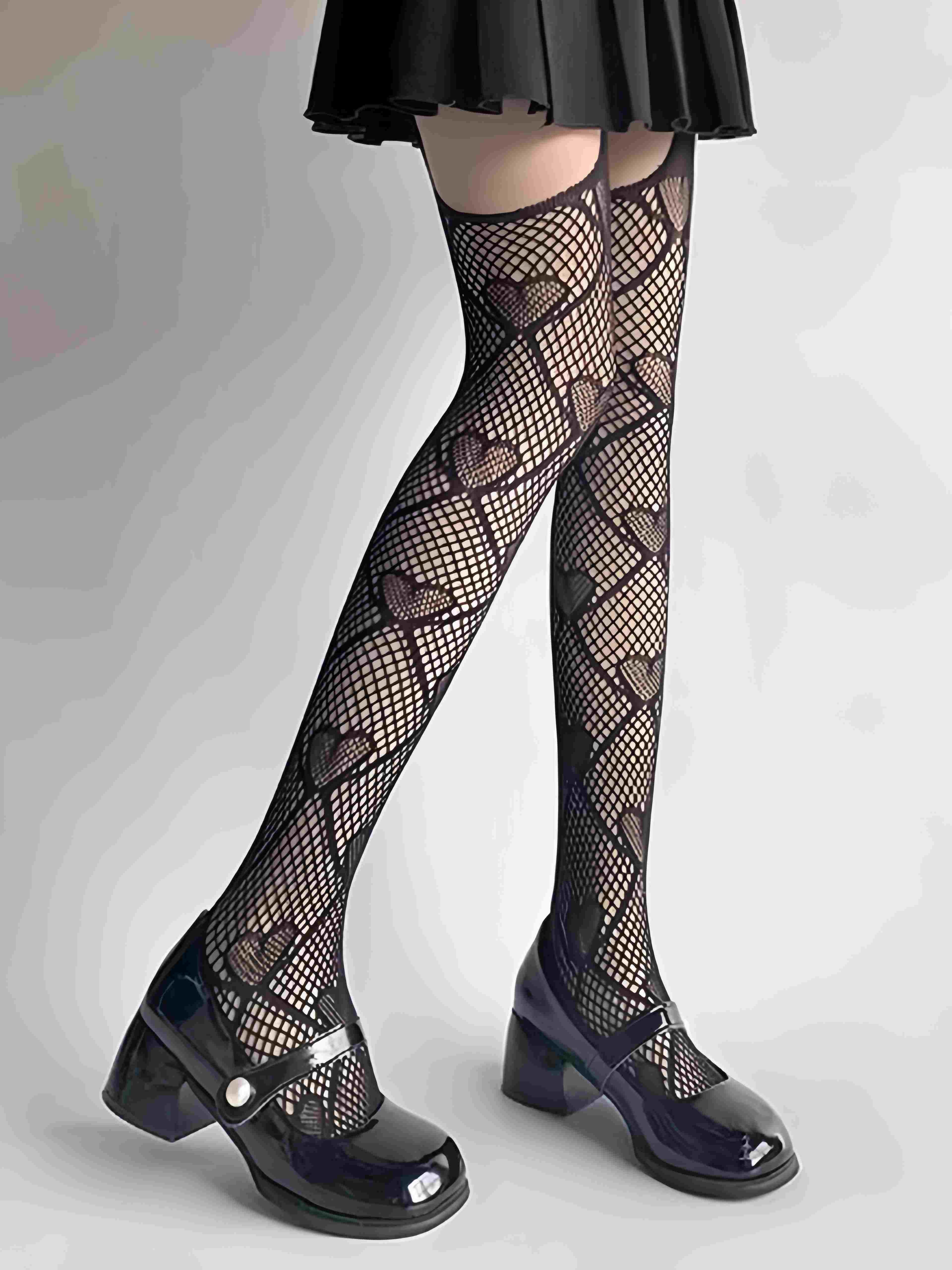 Heart Pattern Thigh High Fishnet Stockings - Image 5