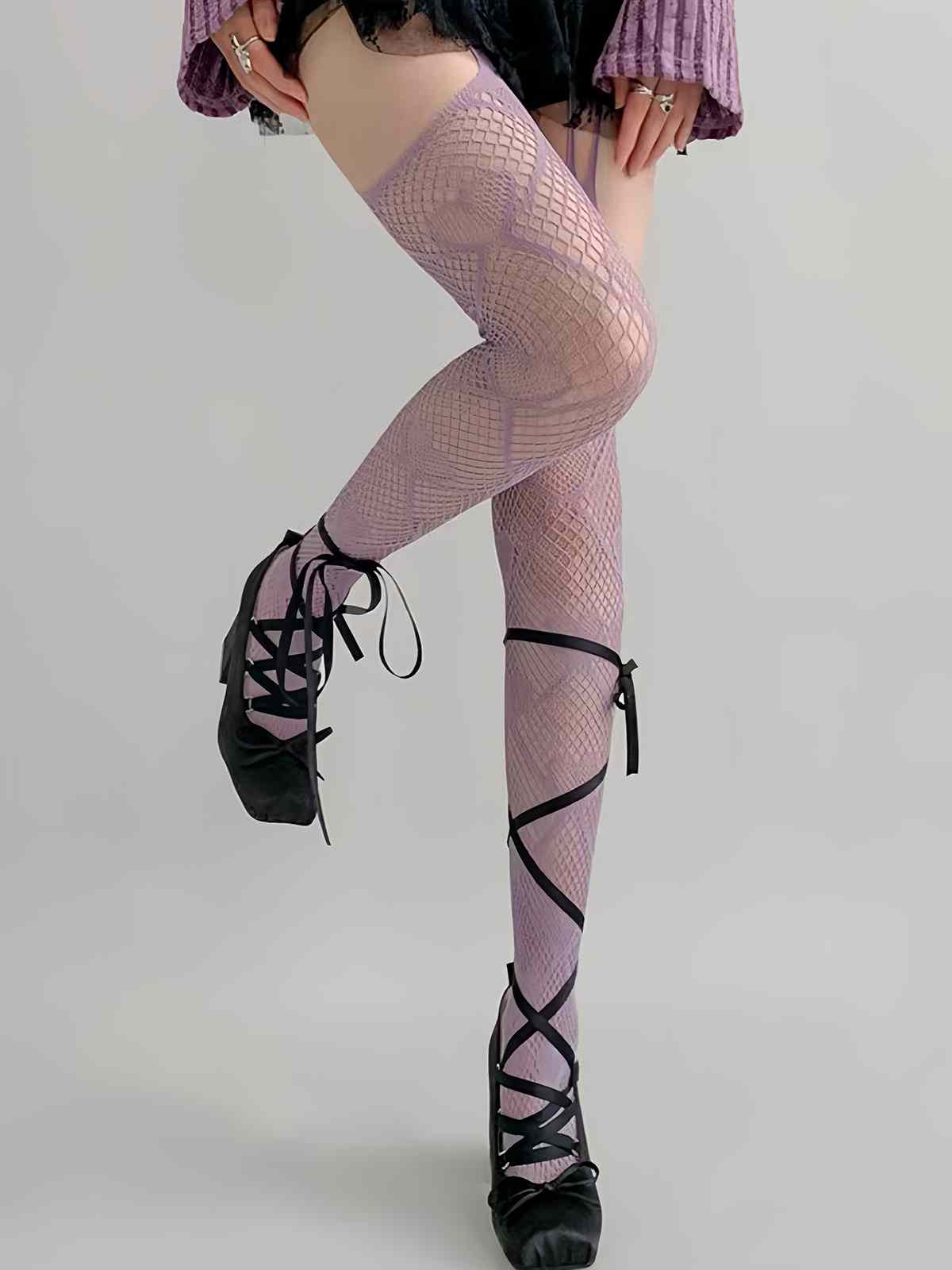 Heart Pattern Thigh High Fishnet Stockings - Image 6