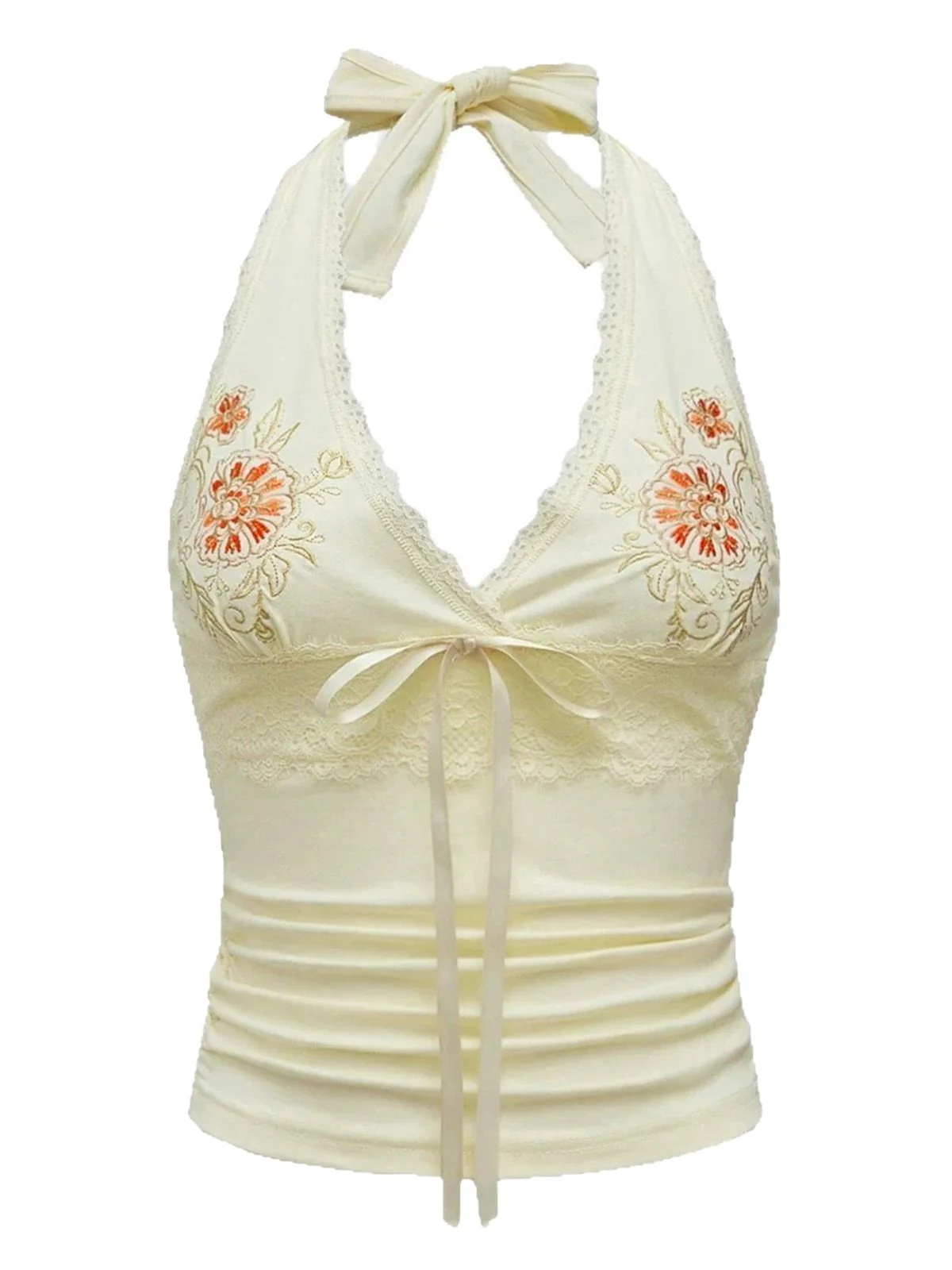 Ivory 1980s Embroidered Lace Floral Halter Top - Image 2