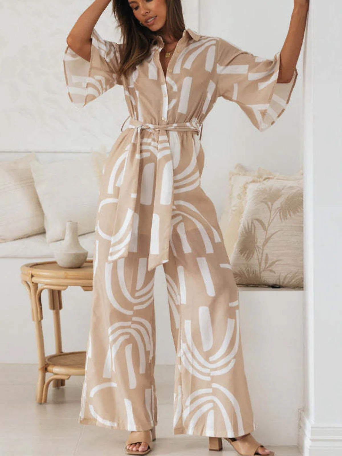 Khaki 1930s Geometric Printed Half Sleeves Lapel Jumpsuit - Image 3