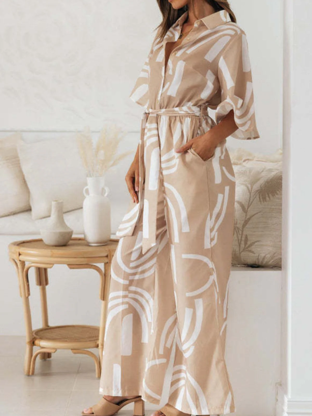 Khaki 1930s Geometric Printed Half Sleeves Lapel Jumpsuit - Image 5