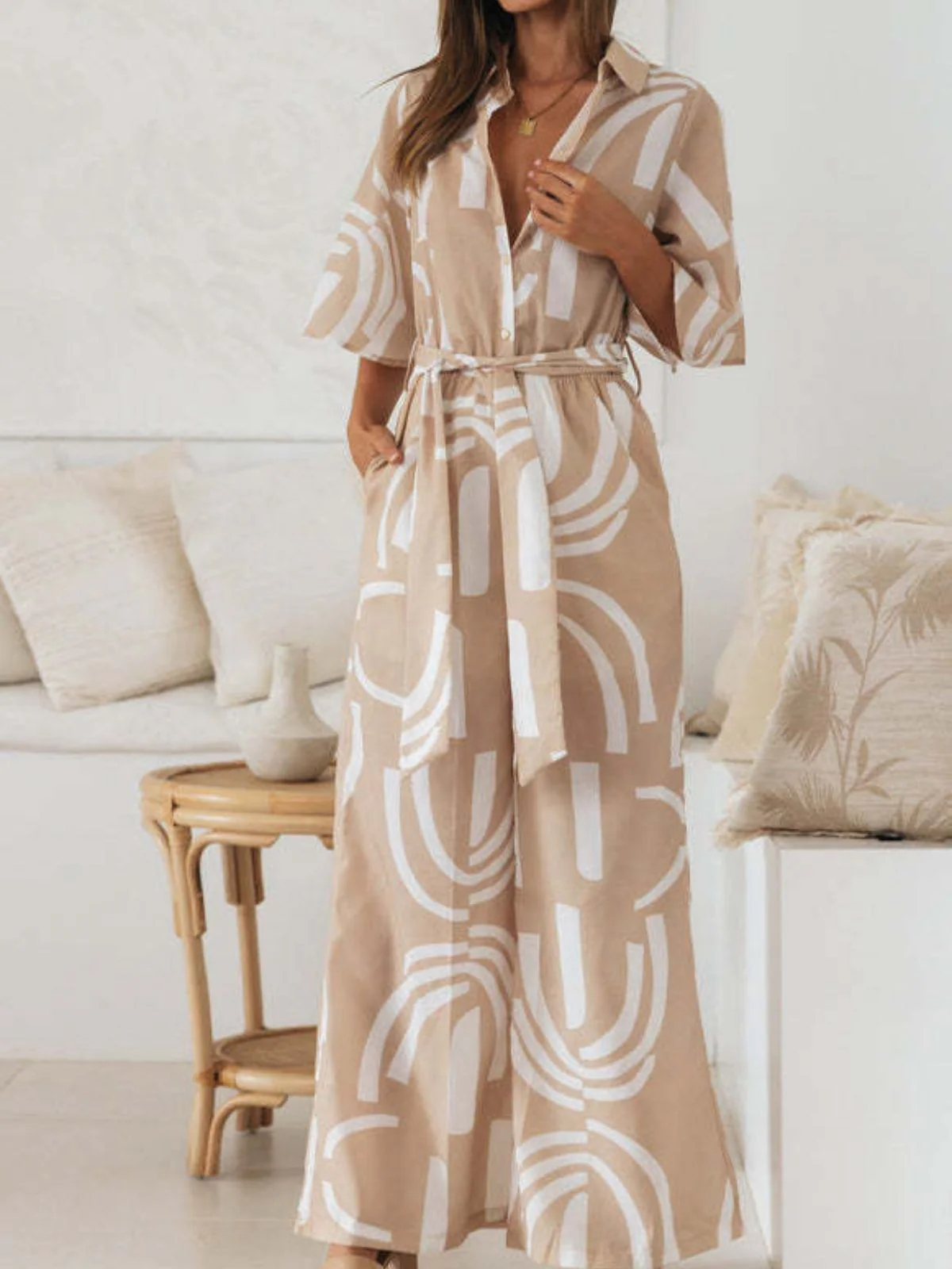 Khaki 1930s Geometric Printed Half Sleeves Lapel Jumpsuit - Image 7