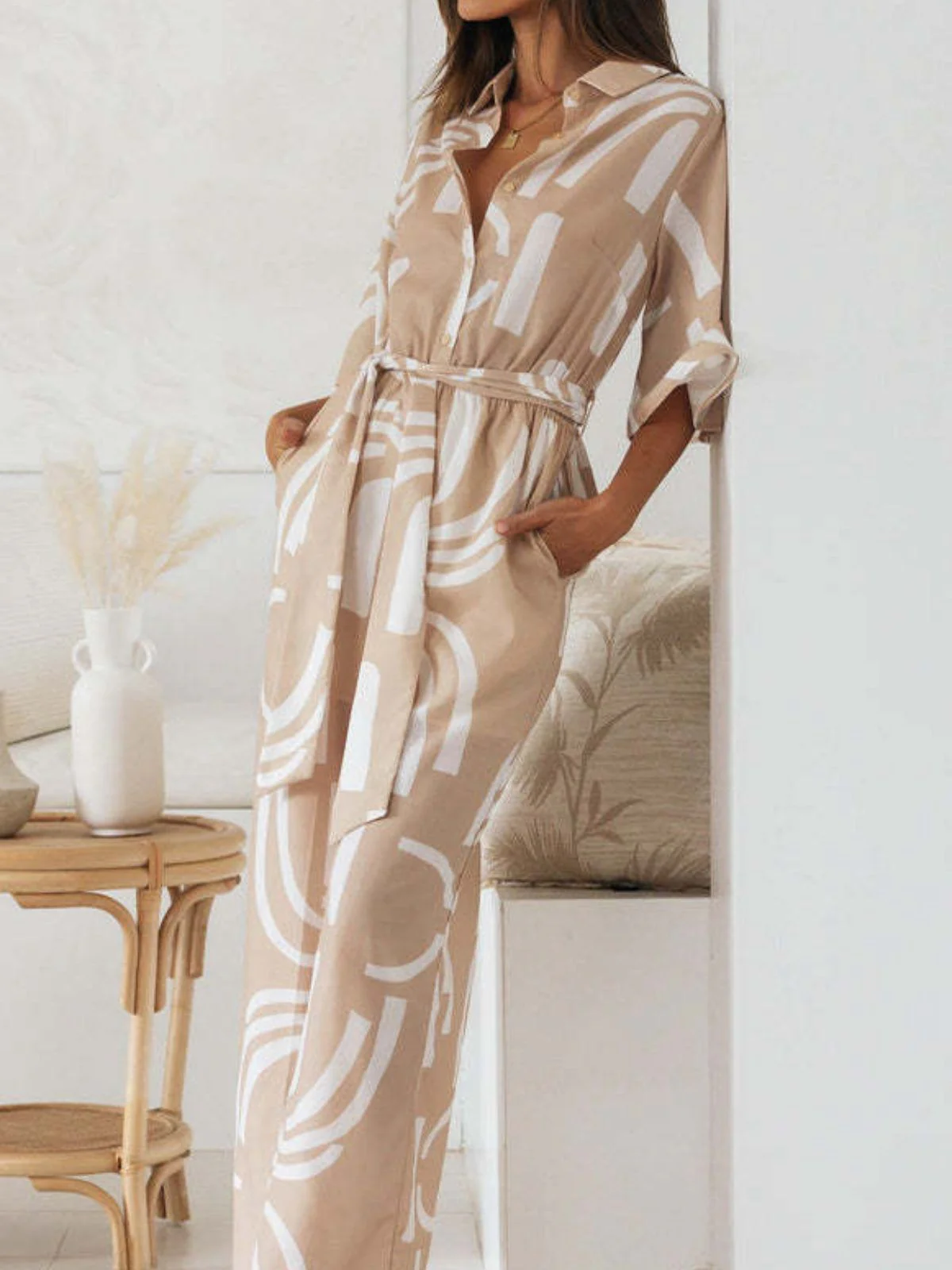Khaki 1930s Geometric Printed Half Sleeves Lapel Jumpsuit - Image 9
