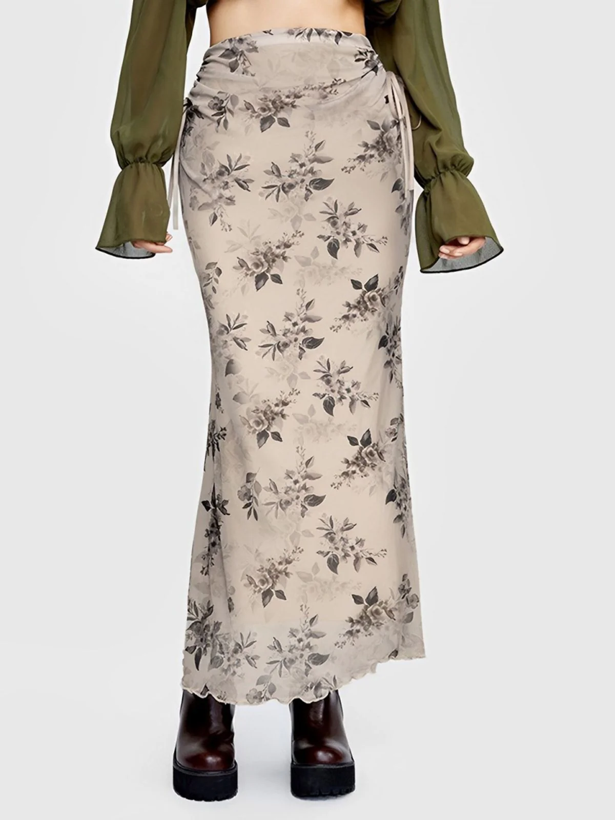 Khaki 1930s Plants Double Mesh Fishtail Skirt - Image 2