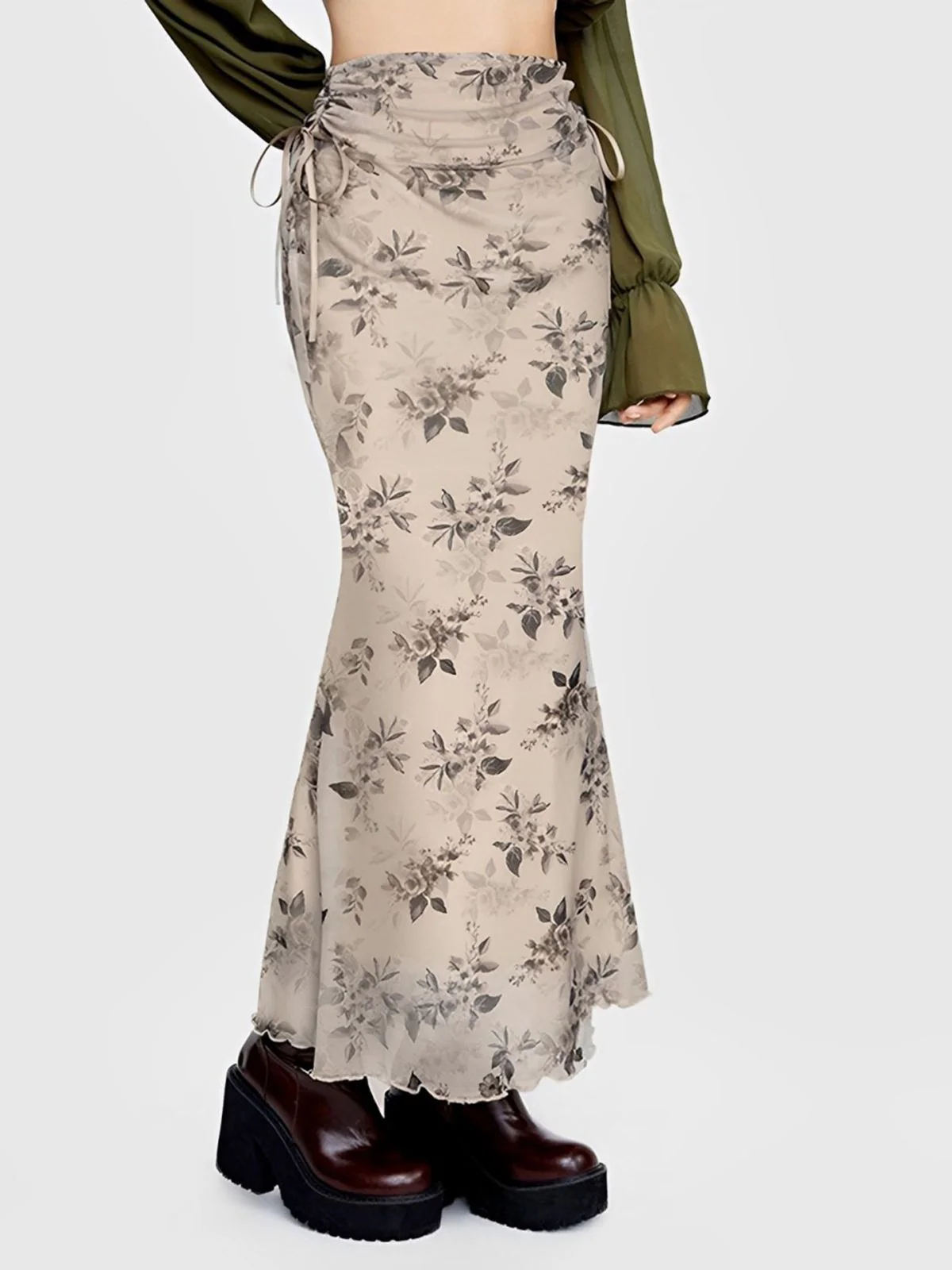 Khaki 1930s Plants Double Mesh Fishtail Skirt - Image 3