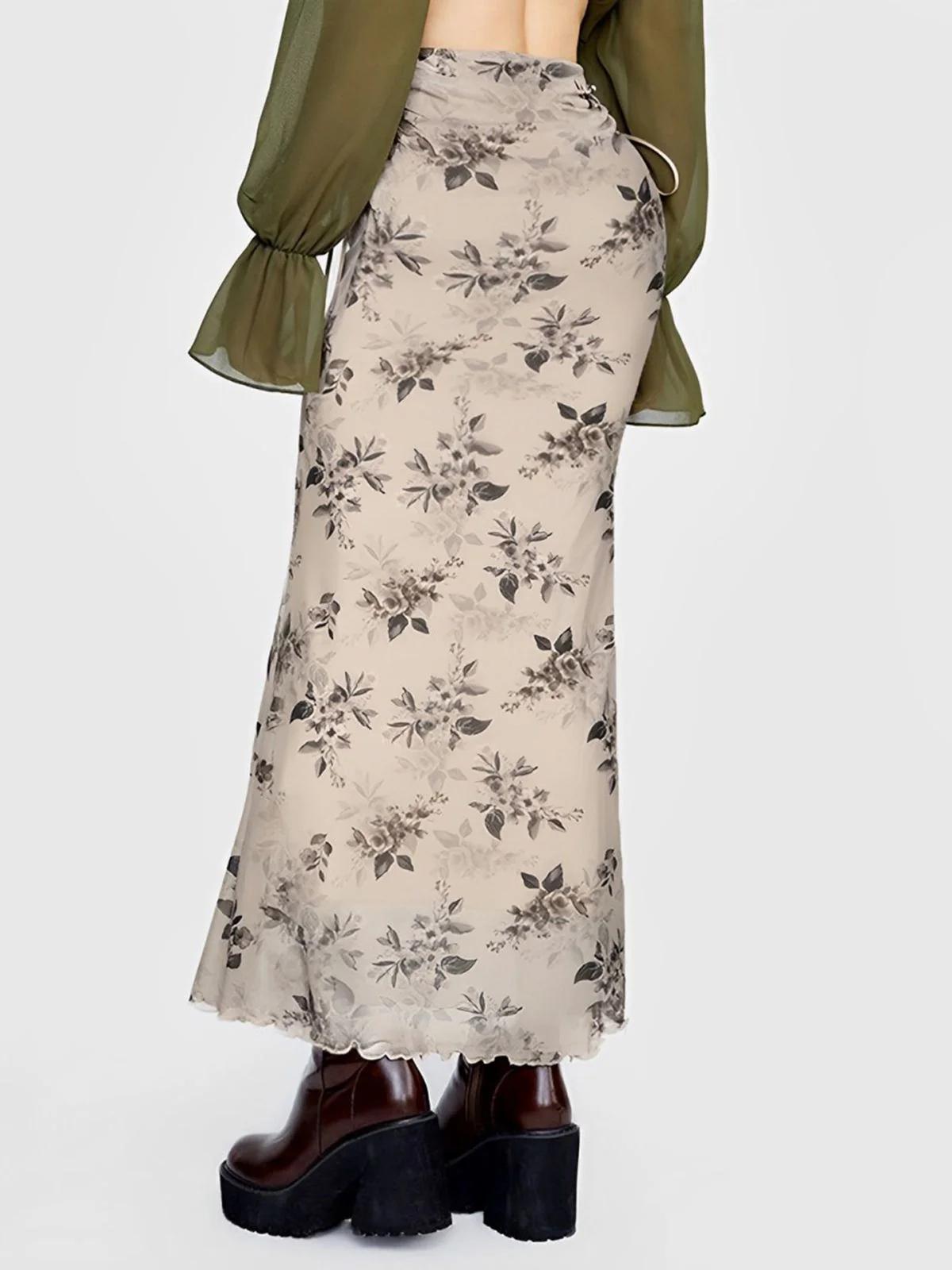 Khaki 1930s Plants Double Mesh Fishtail Skirt - Image 4