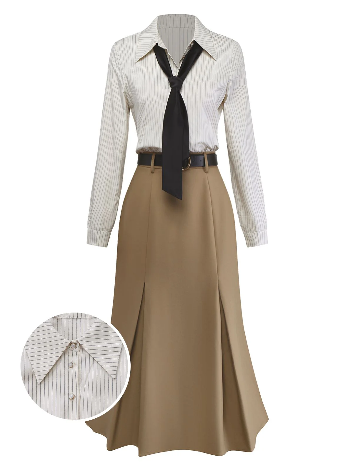 Khaki 1930s Striped Lapel Blouse Detachable Tie Dress - Image 4