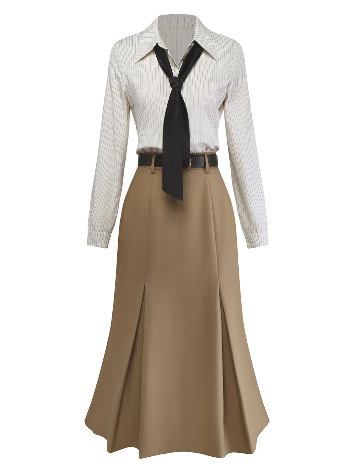 Khaki 1930s Striped Lapel Blouse Detachable Tie Dress - Image 5