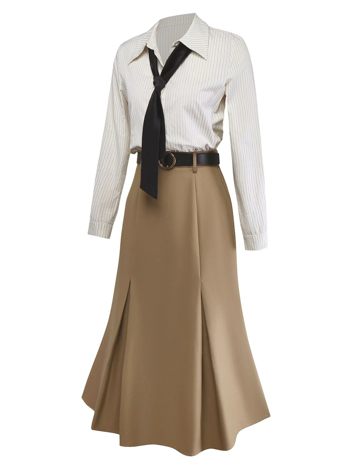 Khaki 1930s Striped Lapel Blouse Detachable Tie Dress - Image 6
