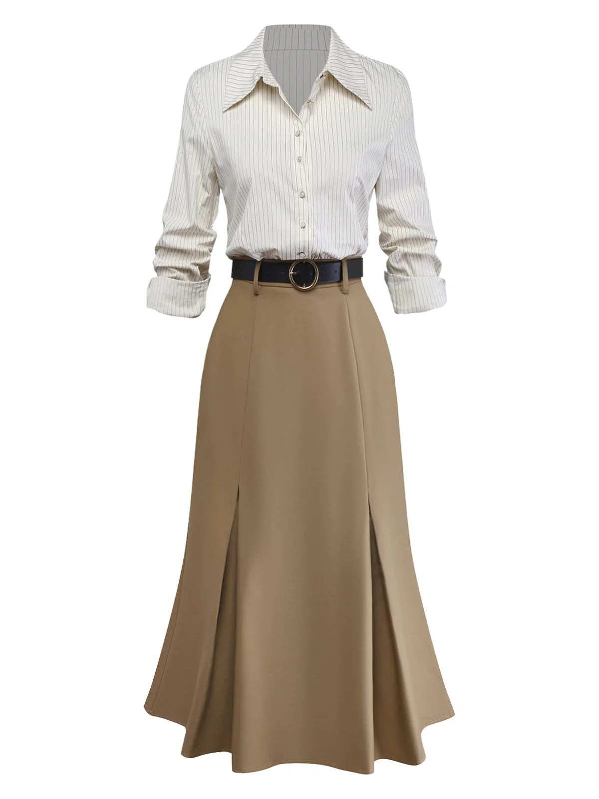 Khaki 1930s Striped Lapel Blouse Detachable Tie Dress - Image 7