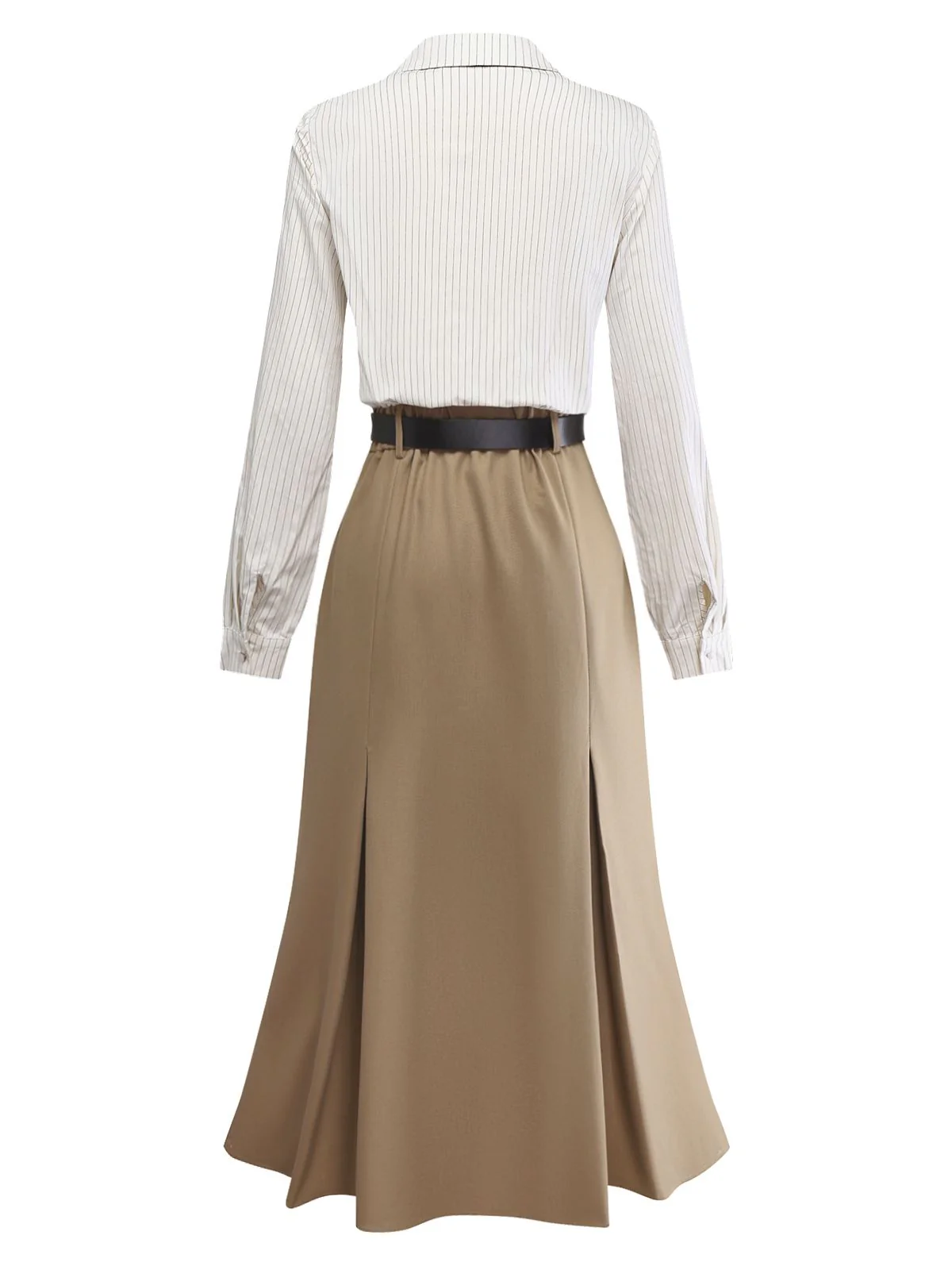 Khaki 1930s Striped Lapel Blouse Detachable Tie Dress - Image 8