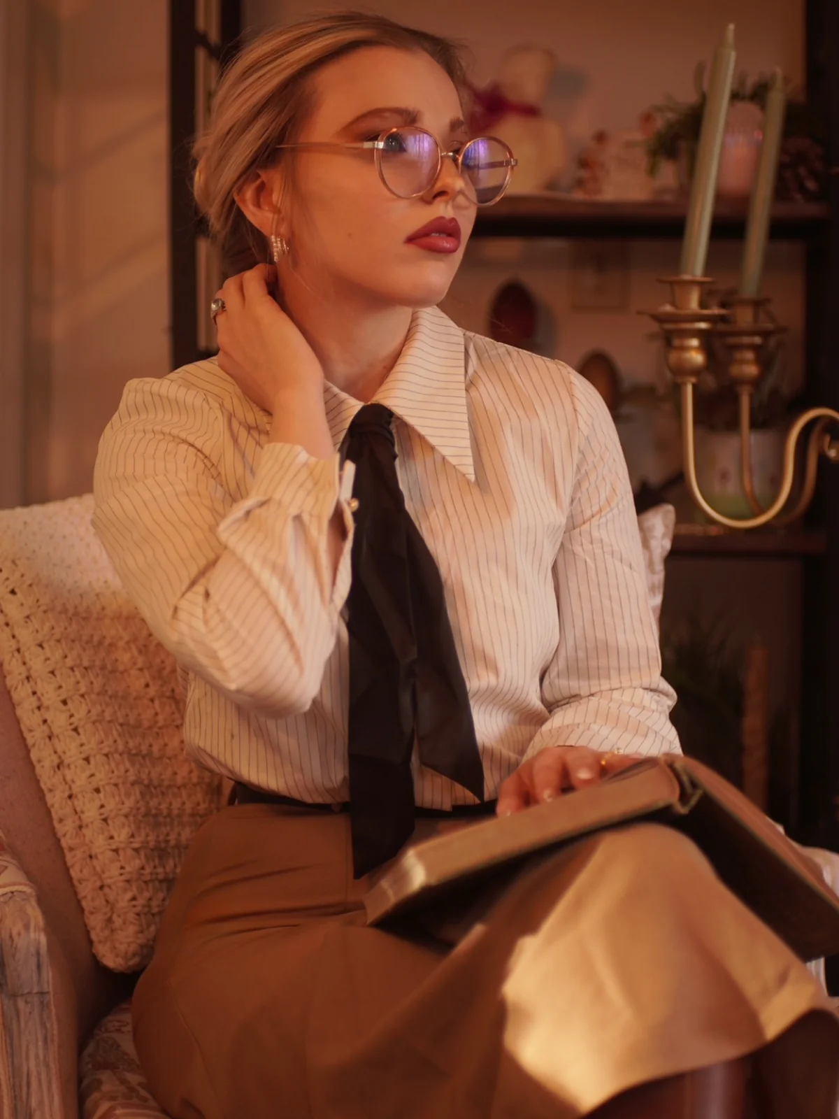 Khaki 1930s Striped Lapel Blouse Detachable Tie Dress - Image 2