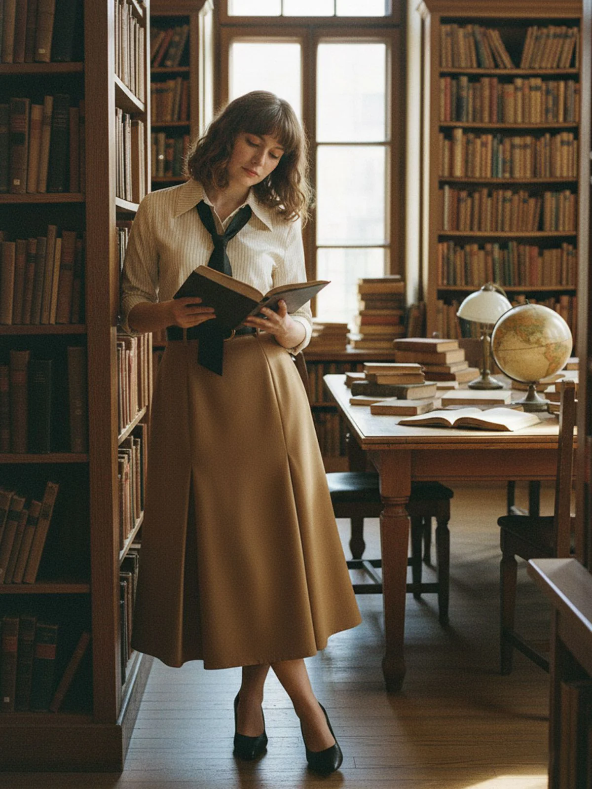 Khaki 1930s Striped Lapel Blouse Detachable Tie Dress - Image 3
