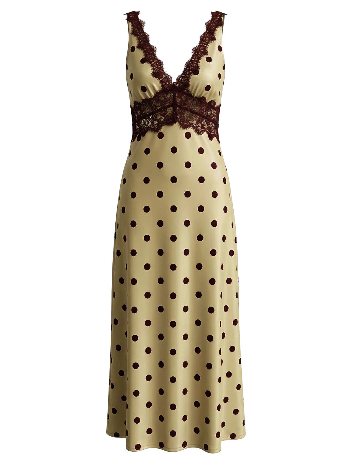 Khaki 1930s V-Neck Polka Dot Lace-Trim Sleeveless Dress - Image 2