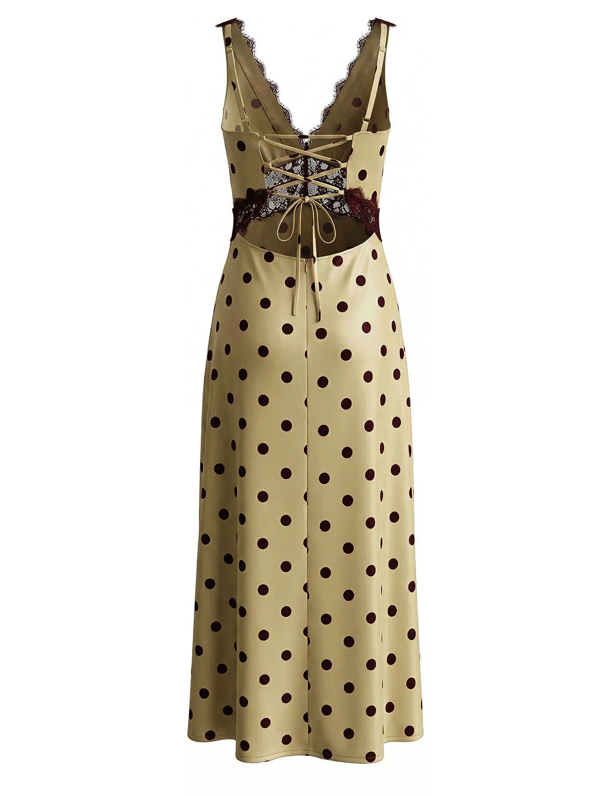 Khaki 1930s V-Neck Polka Dot Lace-Trim Sleeveless Dress - Image 3