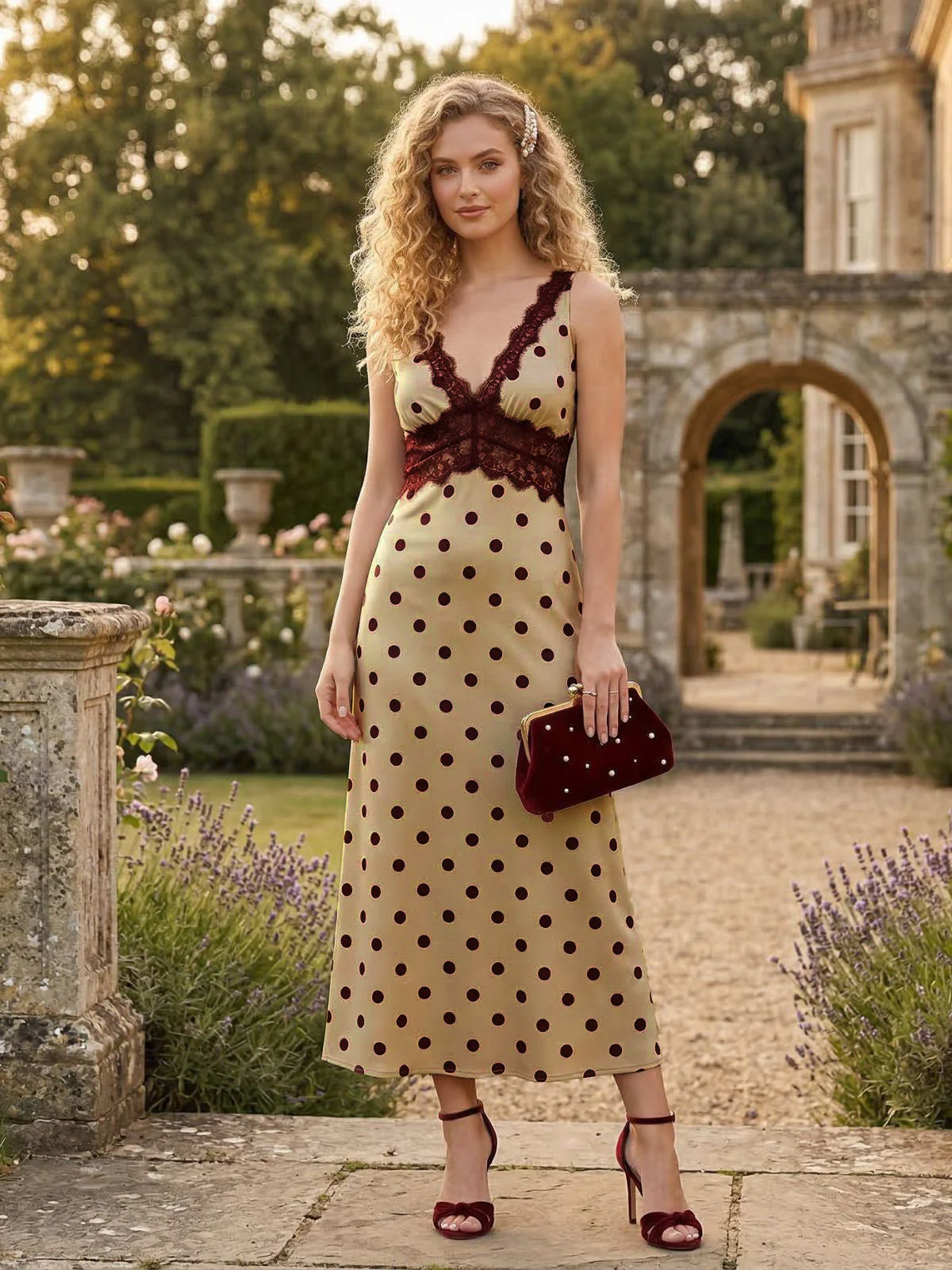 Khaki 1930s V-Neck Polka Dot Lace-Trim Sleeveless Dress - Image 4