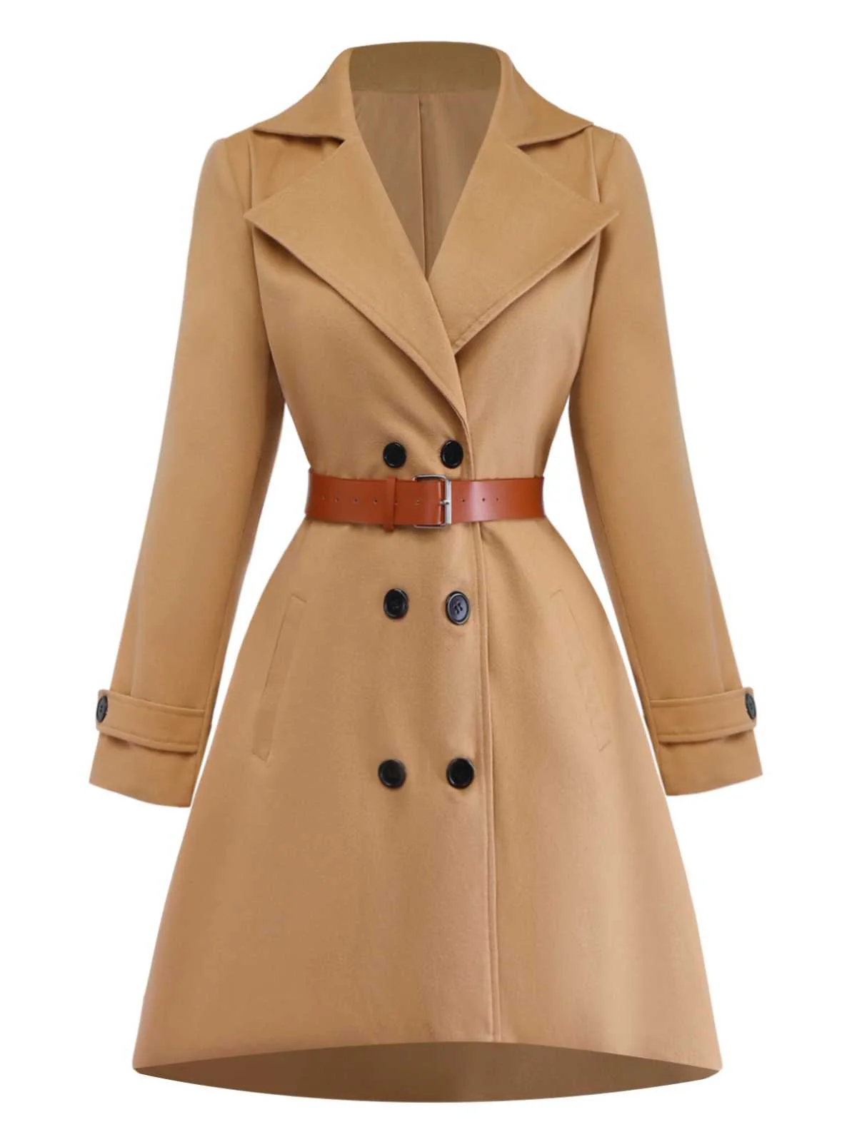 Khaki 1940s Lapel Double-Breasted Belted Coat - Image 2