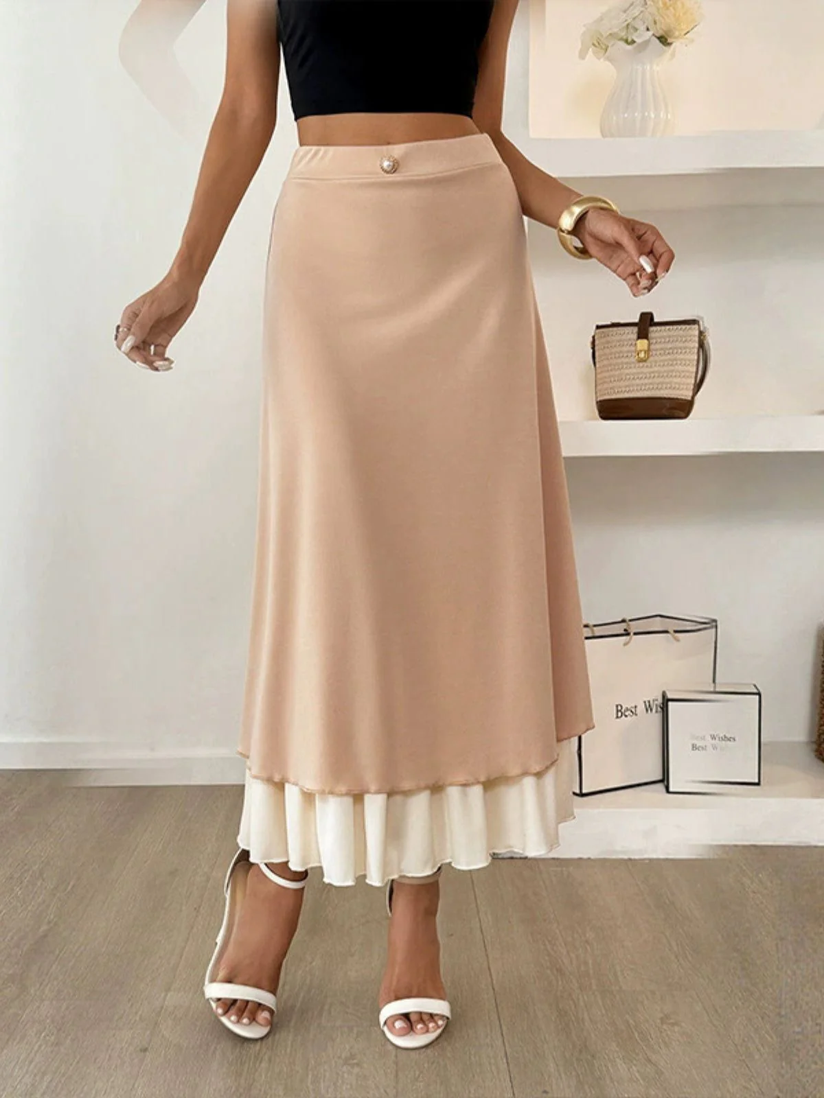Khaki 1940s Pearl Double Layer A-Line Skirt - Image 2