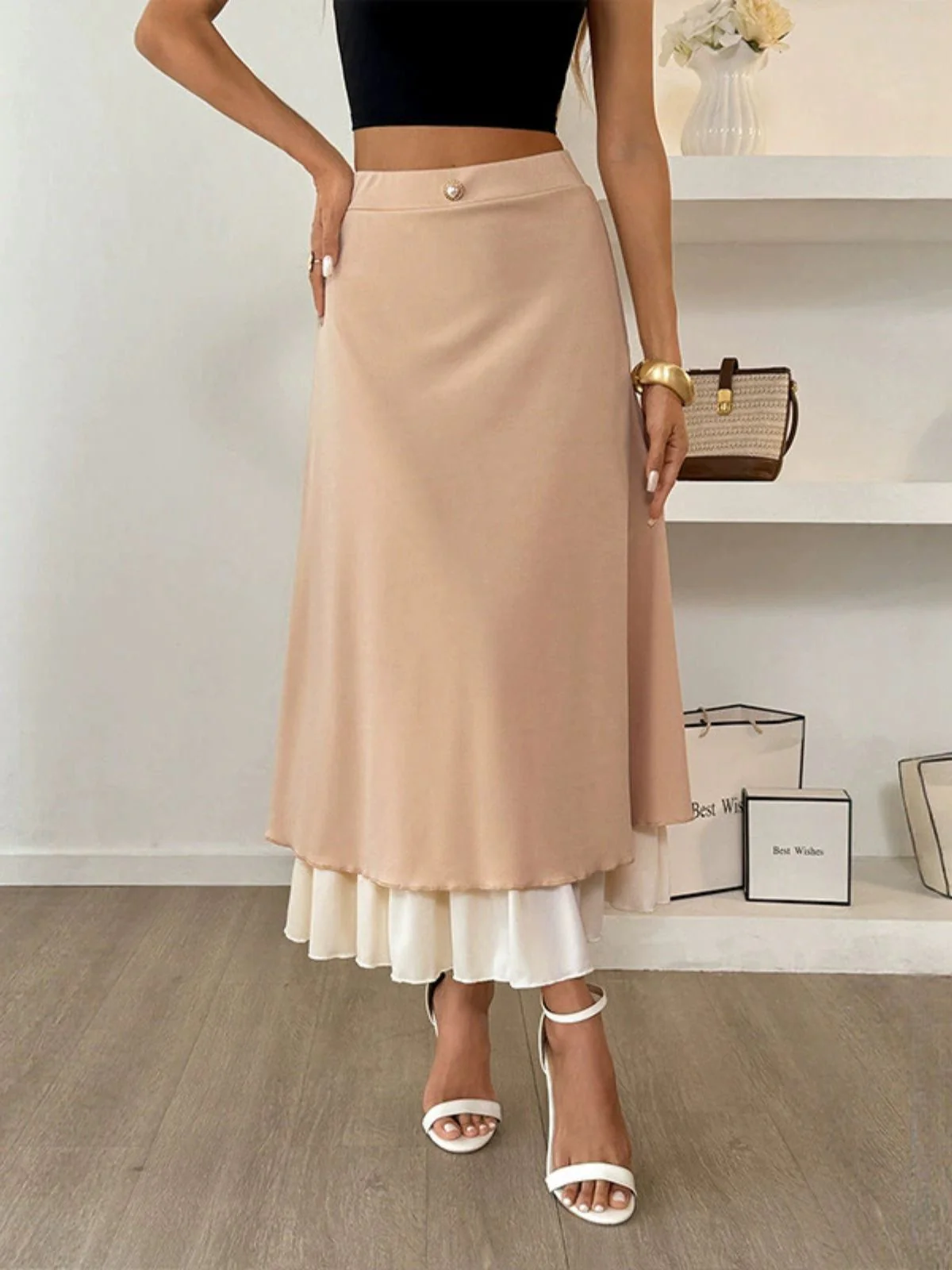 Khaki 1940s Pearl Double Layer A-Line Skirt - Image 3