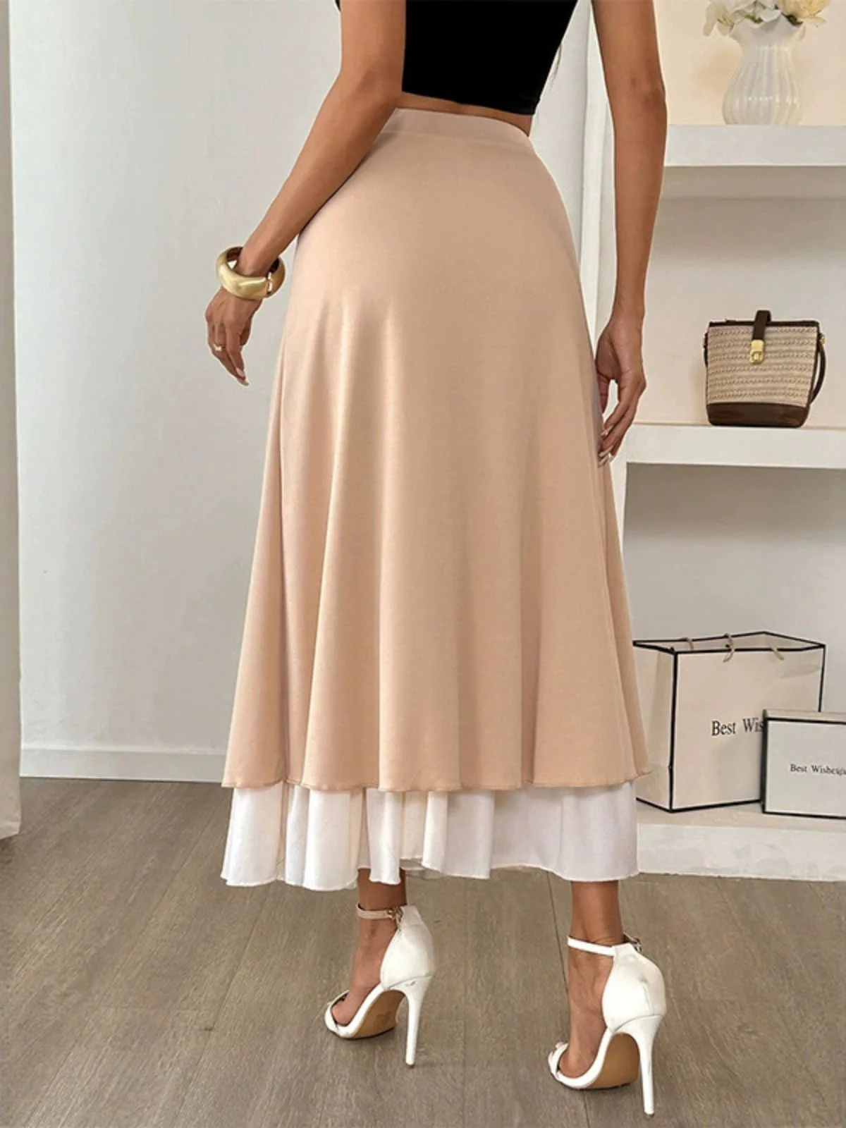 Khaki 1940s Pearl Double Layer A-Line Skirt - Image 4