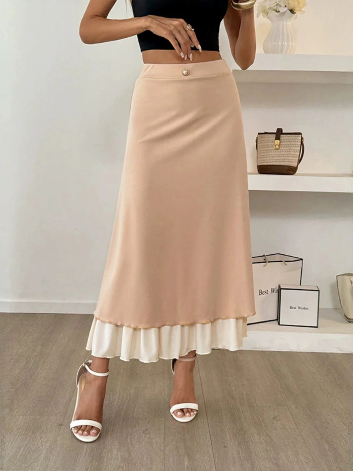 Khaki 1940s Pearl Double Layer A-Line Skirt - Image 5
