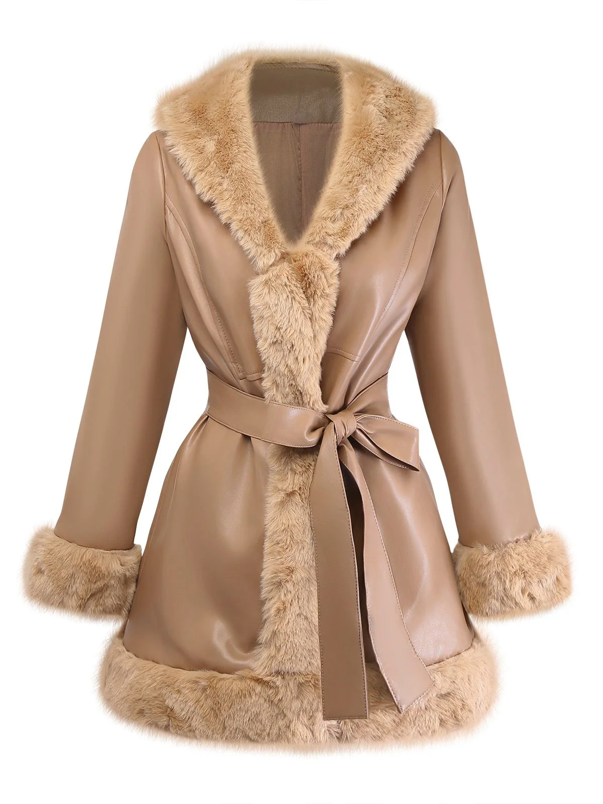 Khaki 1940s PU Leather Faux Fur Collar Belted Coat - Image 2