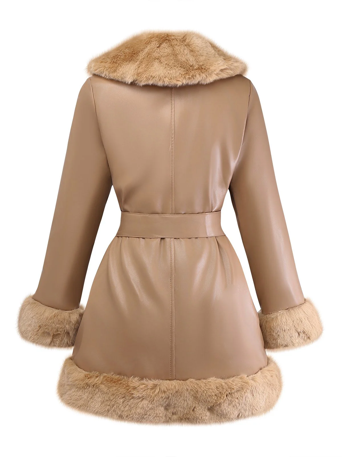 Khaki 1940s PU Leather Faux Fur Collar Belted Coat - Image 3