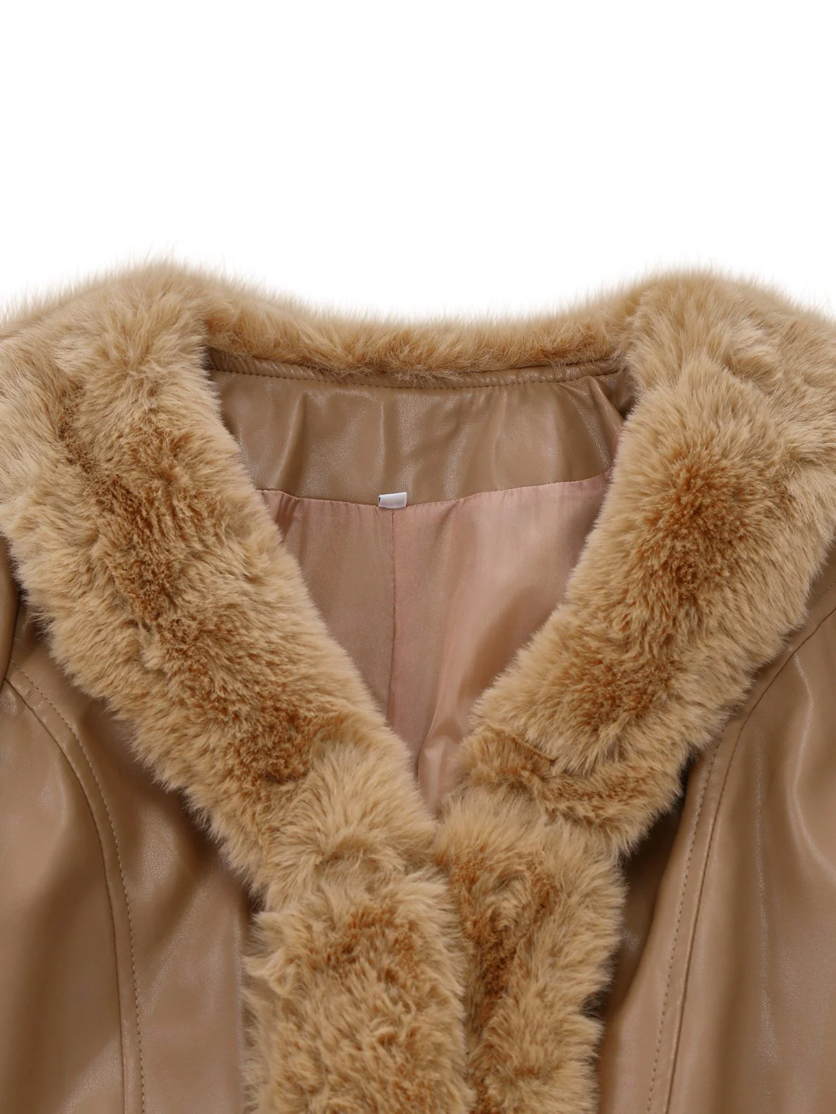 Khaki 1940s PU Leather Faux Fur Collar Belted Coat - Image 4