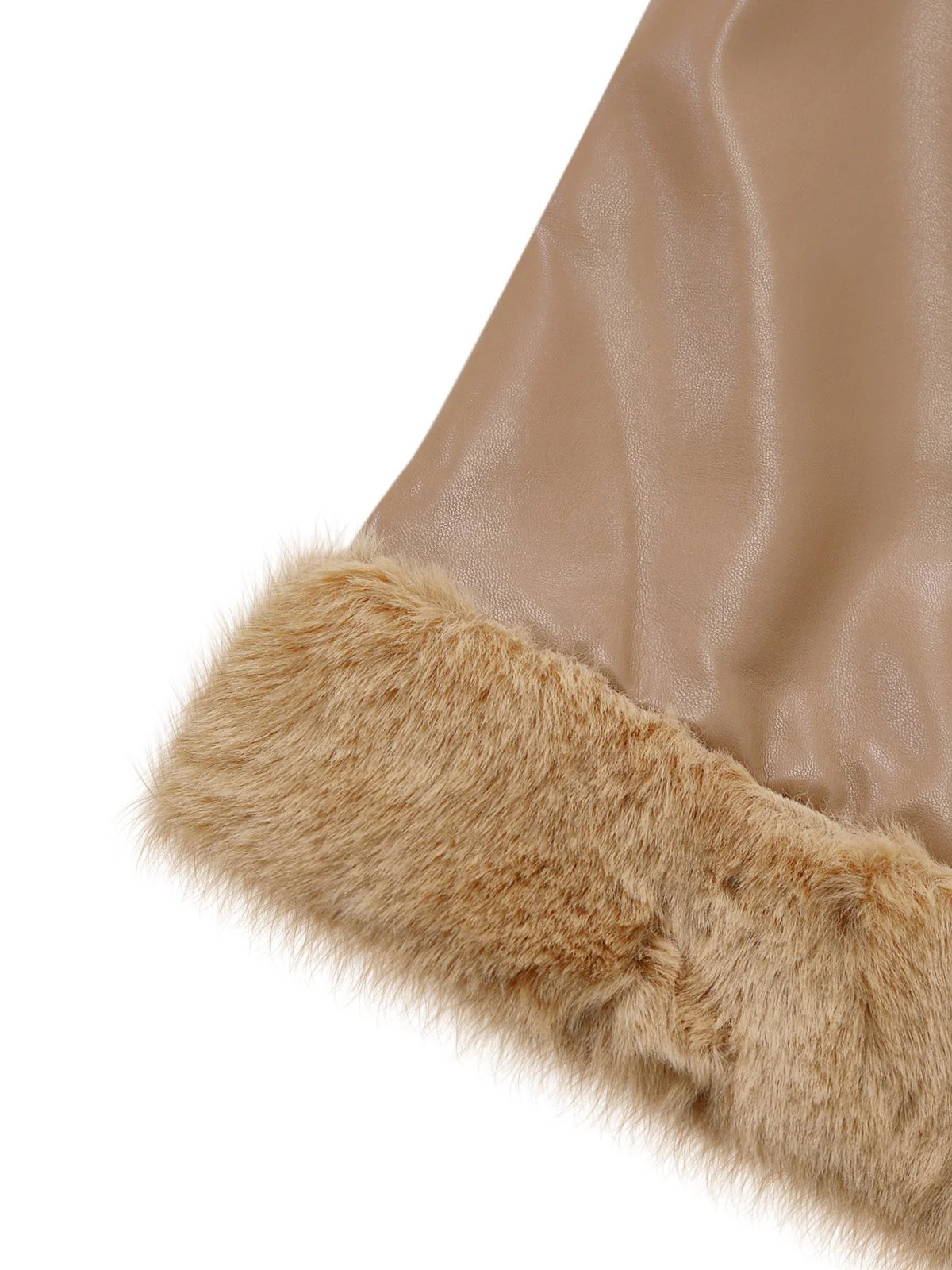 Khaki 1940s PU Leather Faux Fur Collar Belted Coat - Image 6