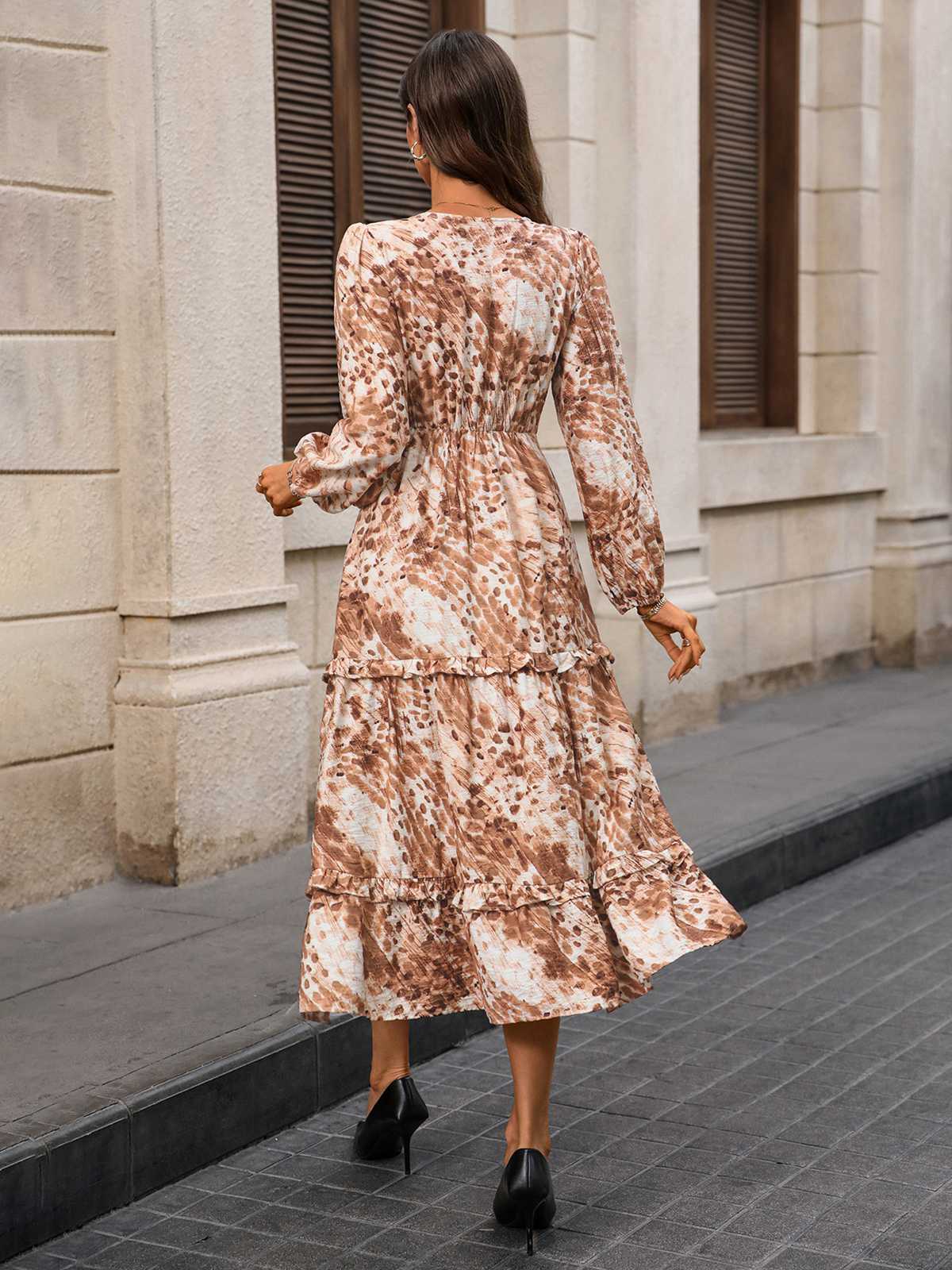 Khaki 1940s V-Neck Watercolored Dune Style Dress - Image 3