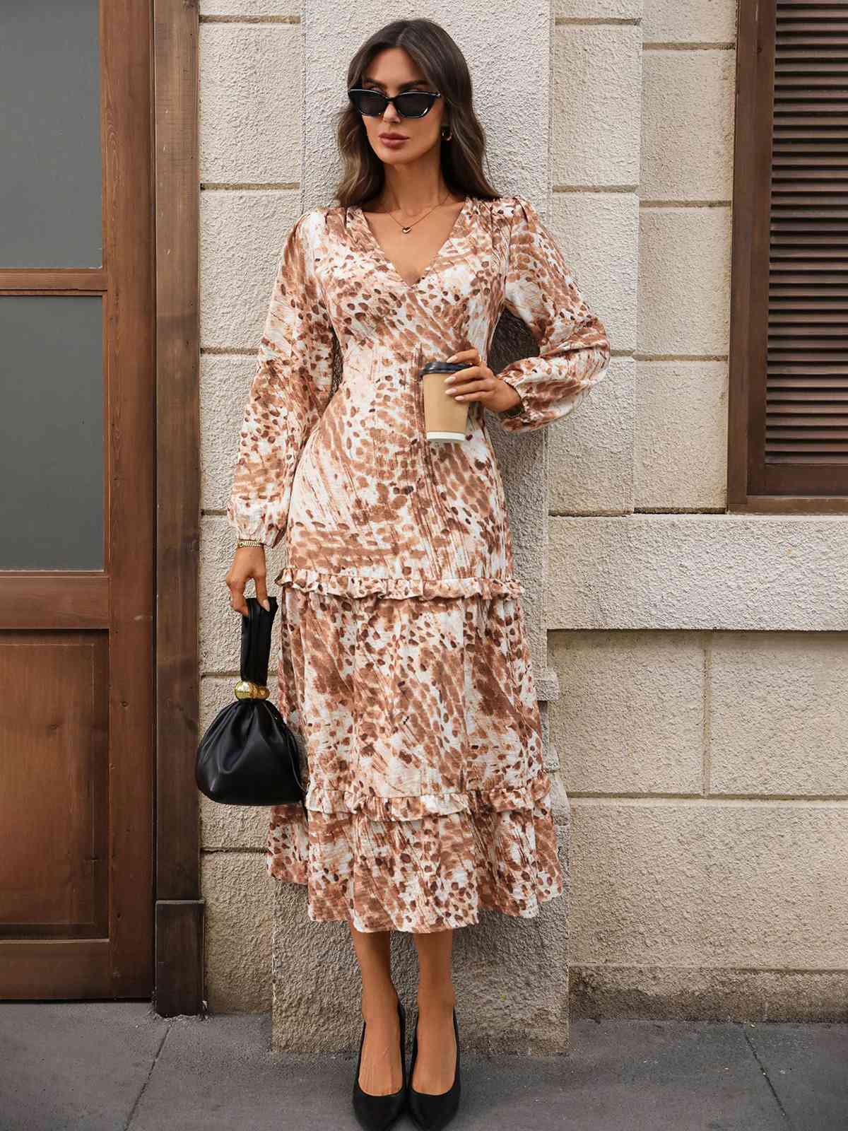 Khaki 1940s V-Neck Watercolored Dune Style Dress - Image 4
