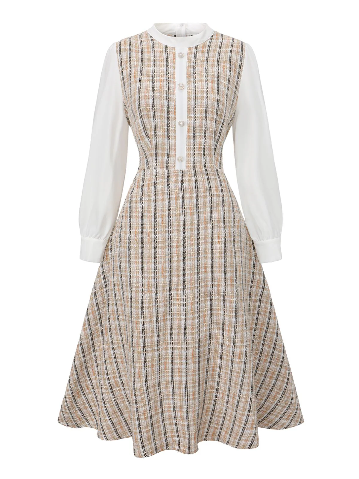 Khaki 1940s Vintage Style Patchwork Long Sleeve Dress - Image 2