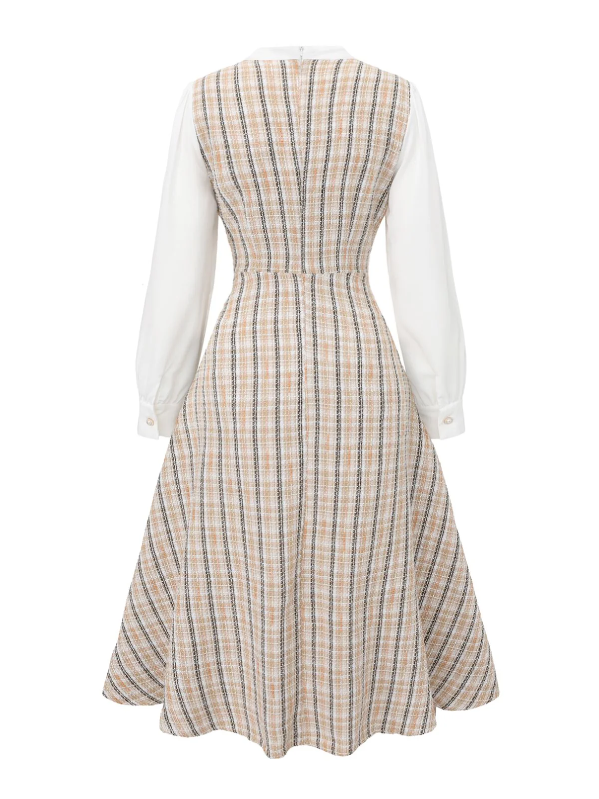Khaki 1940s Vintage Style Patchwork Long Sleeve Dress - Image 3