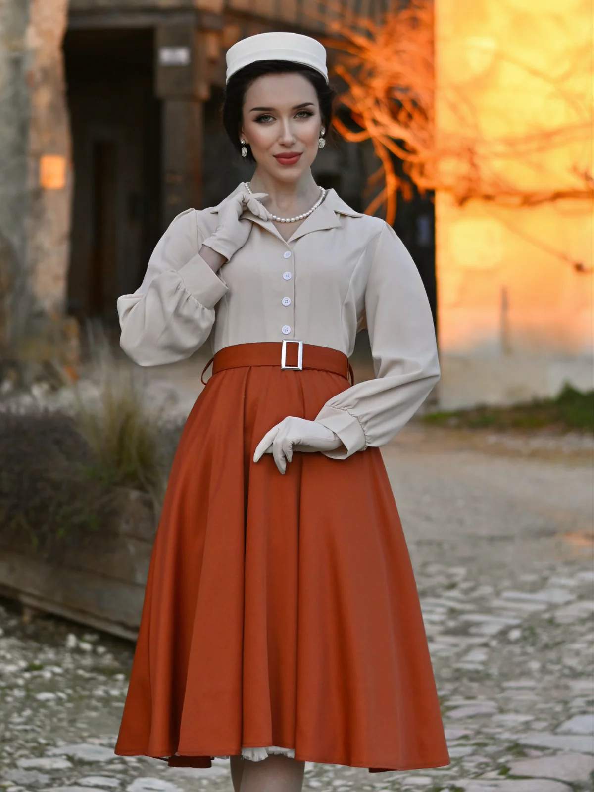 Khaki 1950s Colorblock Long Sleeve Button Dress - Image 2