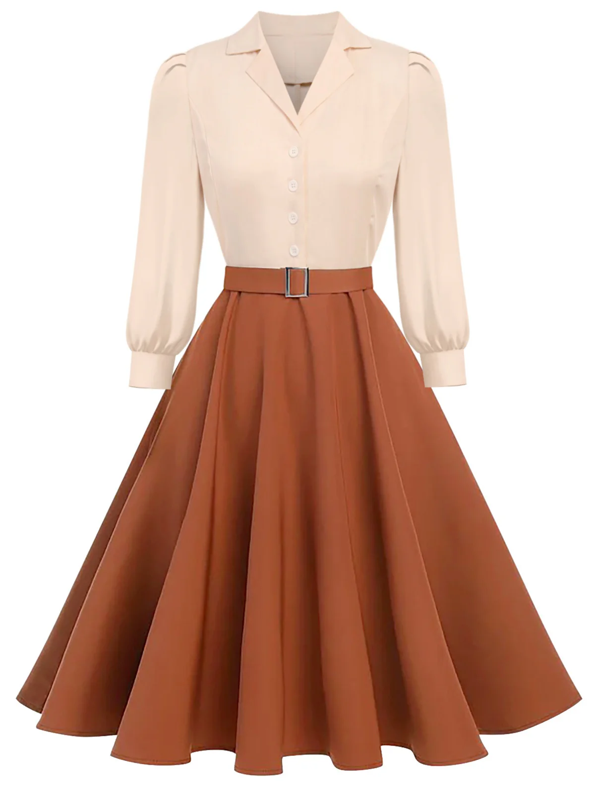 Khaki 1950s Colorblock Long Sleeve Button Dress - Image 4