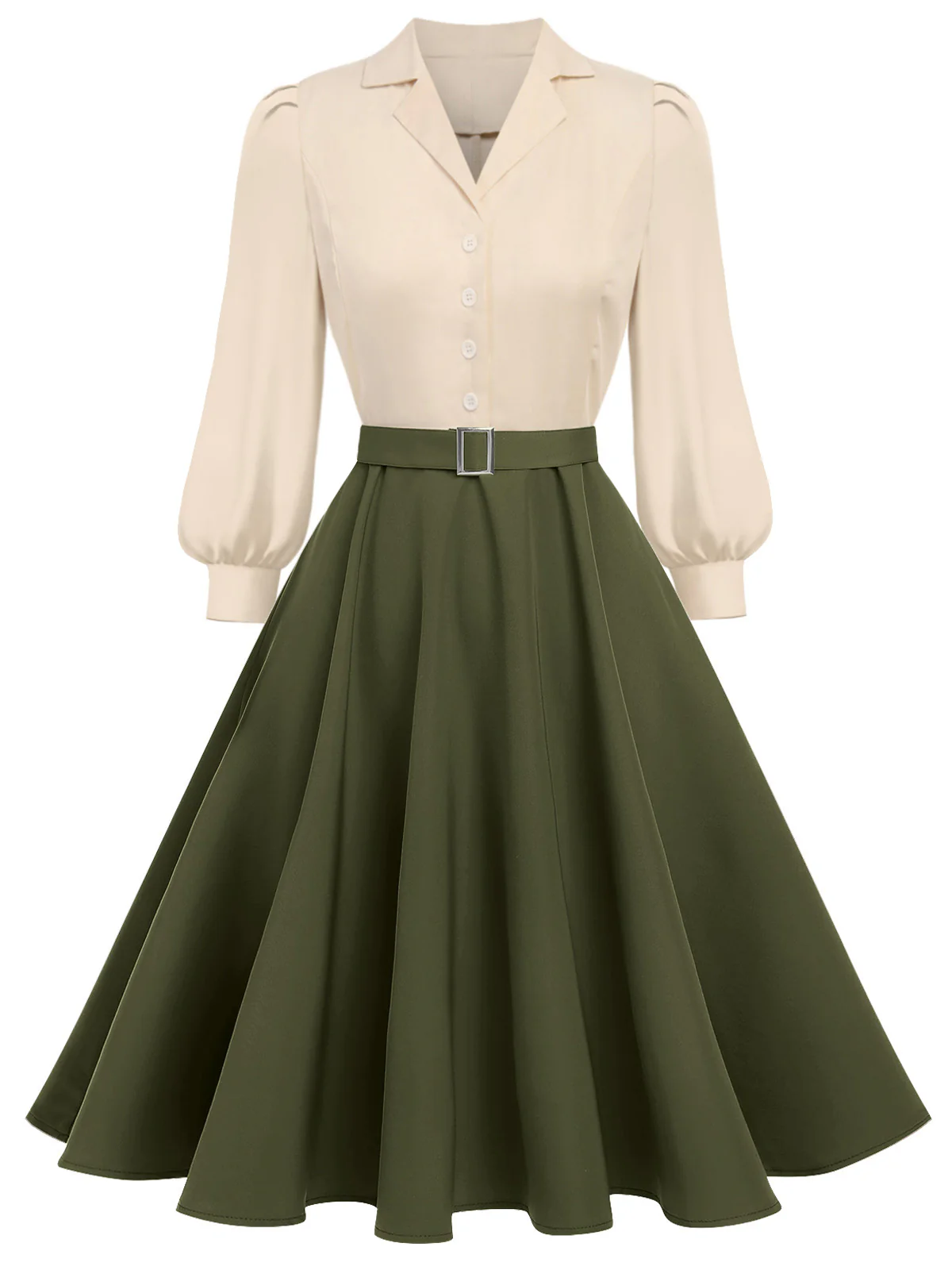 Khaki 1950s Colorblock Long Sleeve Button Dress - Image 5