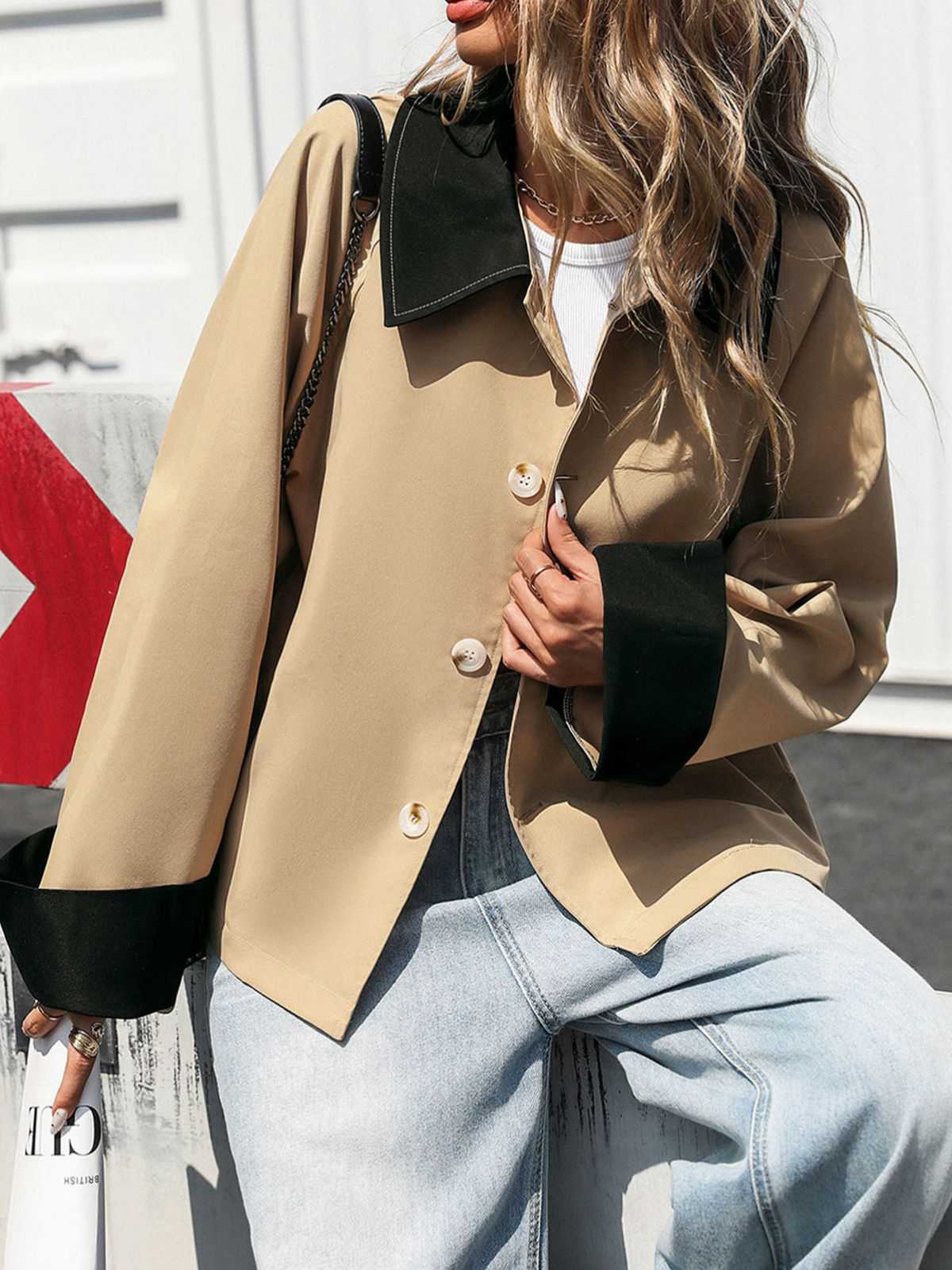 Khaki 1950s Contrast Rolled Cuff Lapel Jacket - Image 2