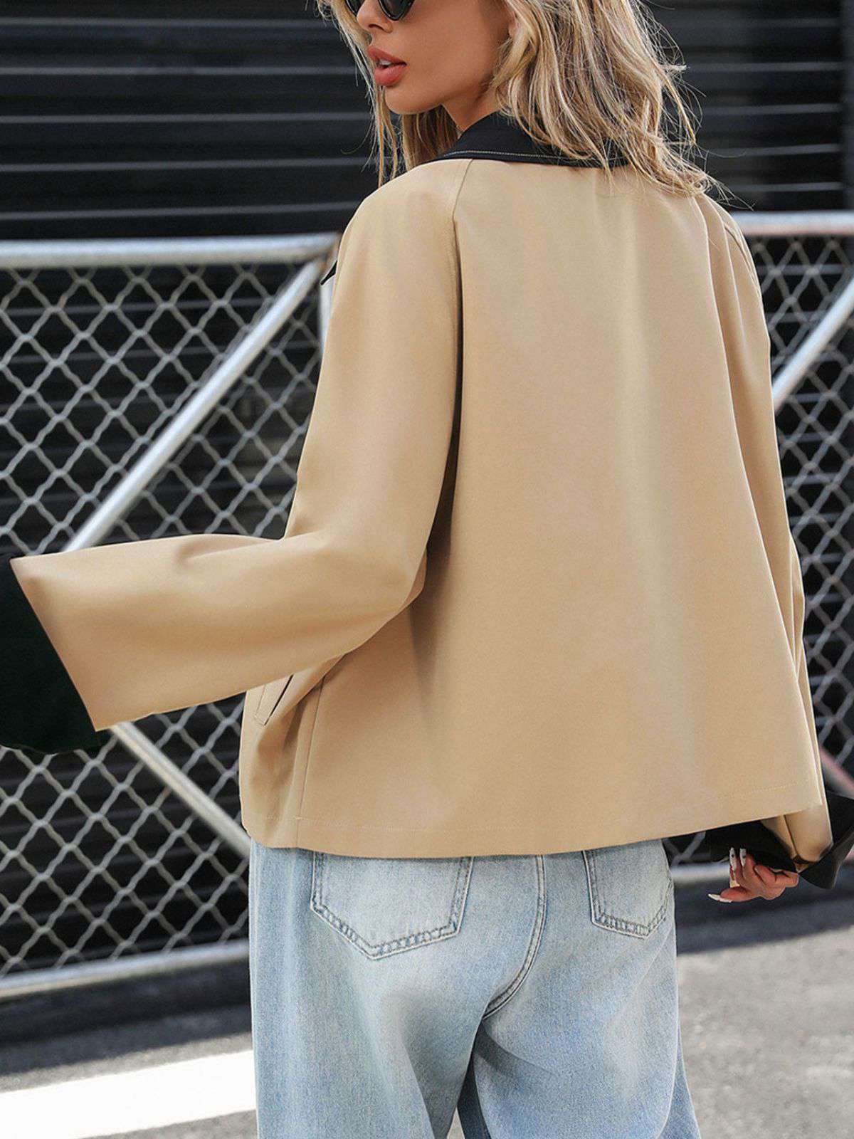 Khaki 1950s Contrast Rolled Cuff Lapel Jacket - Image 3