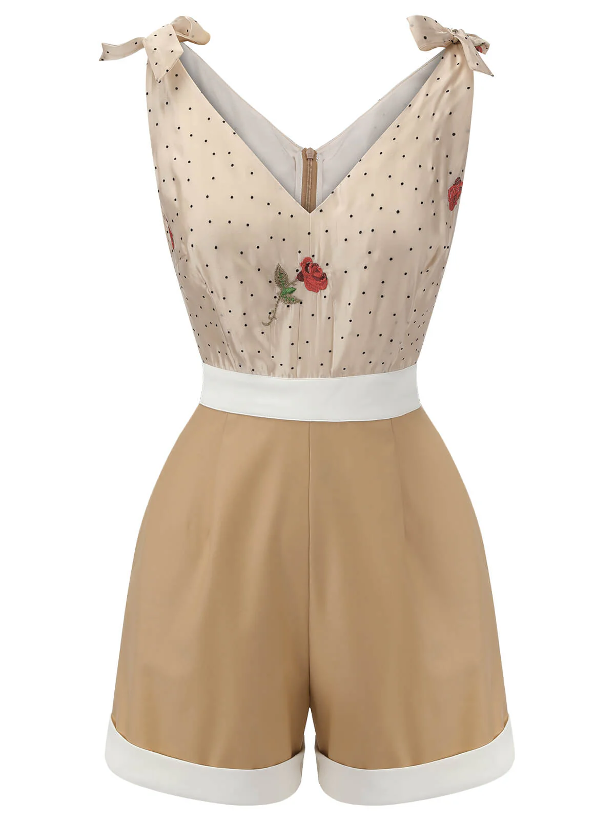 Khaki 1950s Embroidered Rose V-Neck Romper - Image 2