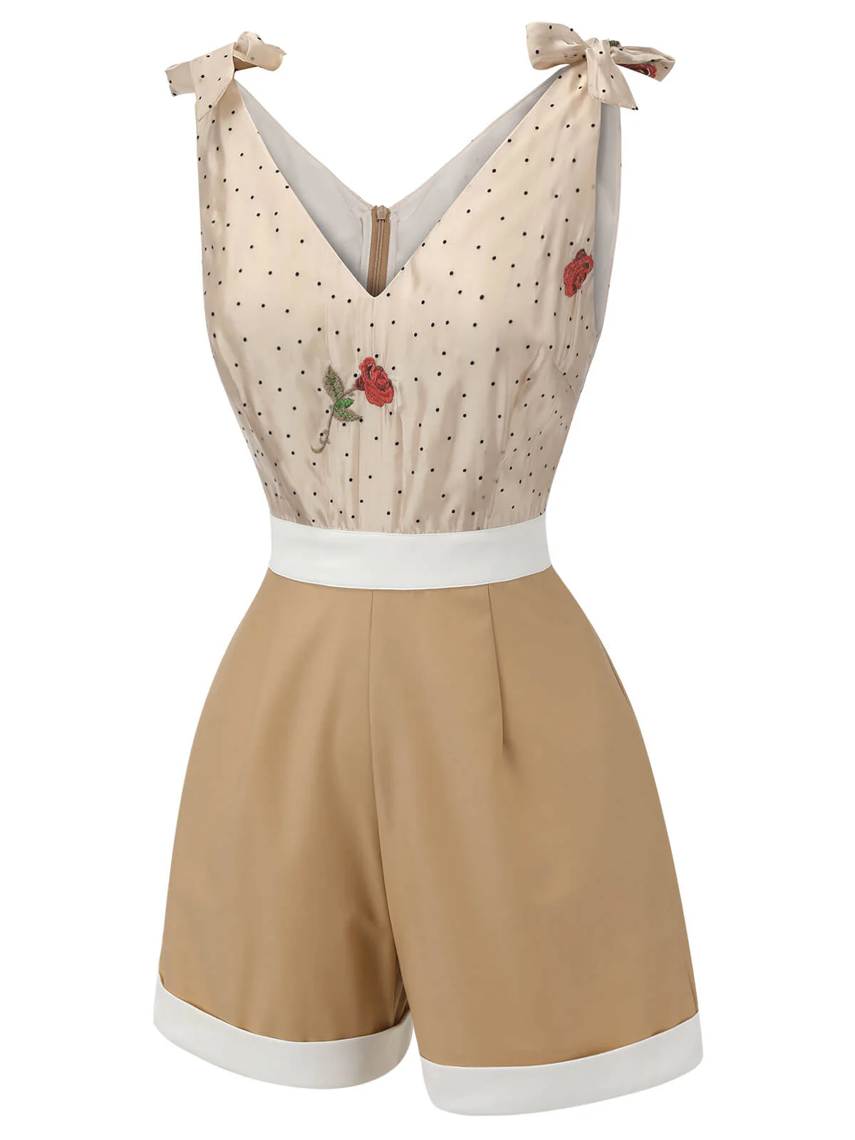 Khaki 1950s Embroidered Rose V-Neck Romper - Image 3