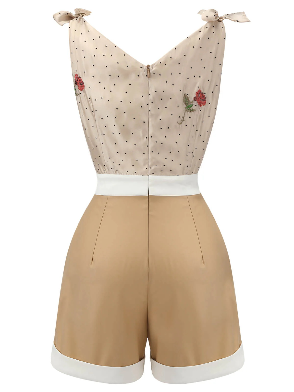 Khaki 1950s Embroidered Rose V-Neck Romper - Image 4