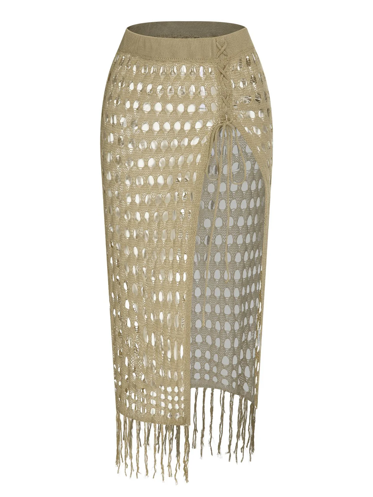 Khaki 1950s Knitted Tassel Hollow Cover-Up - Image 2