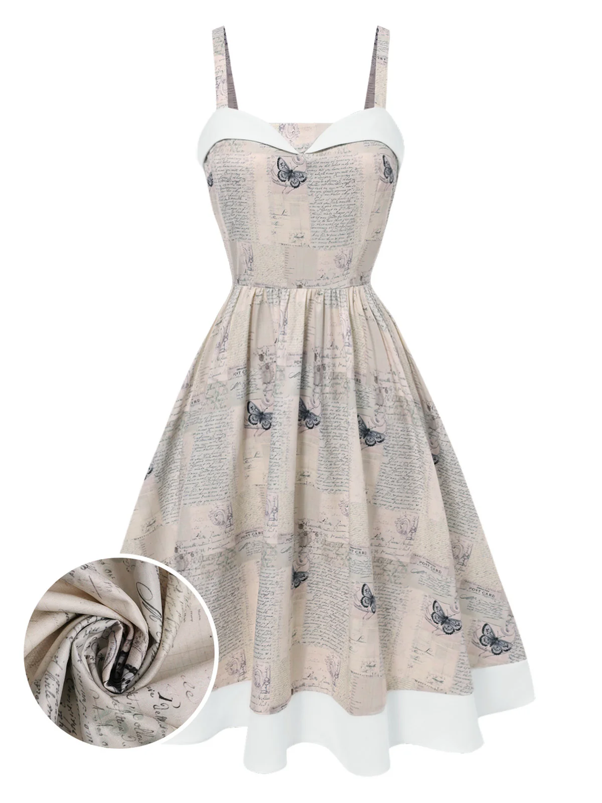 Khaki 1950s Newspaper Butterfly Patchwork Dress - Image 2