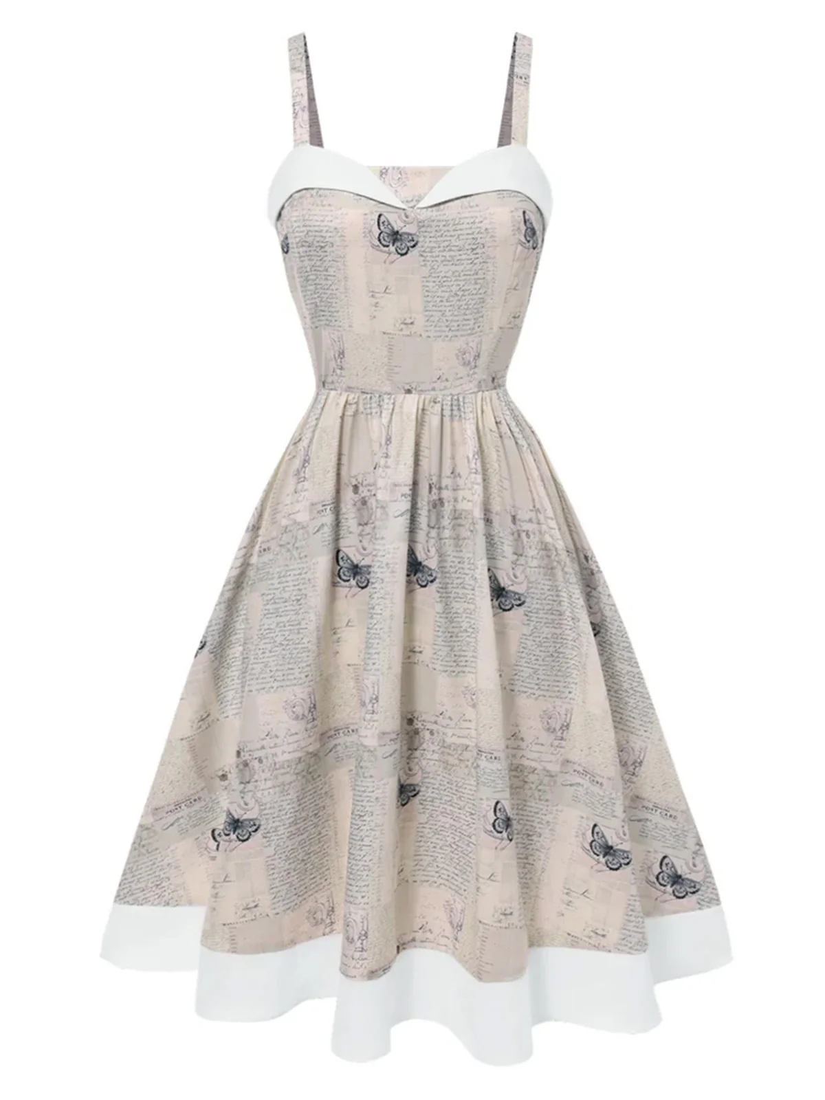 Khaki 1950s Newspaper Butterfly Patchwork Dress - Image 3